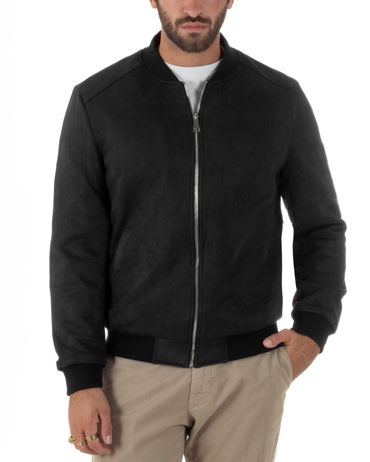 Giubbotto bomber uomo camoscio college zip nero GIOSAL-G3454A