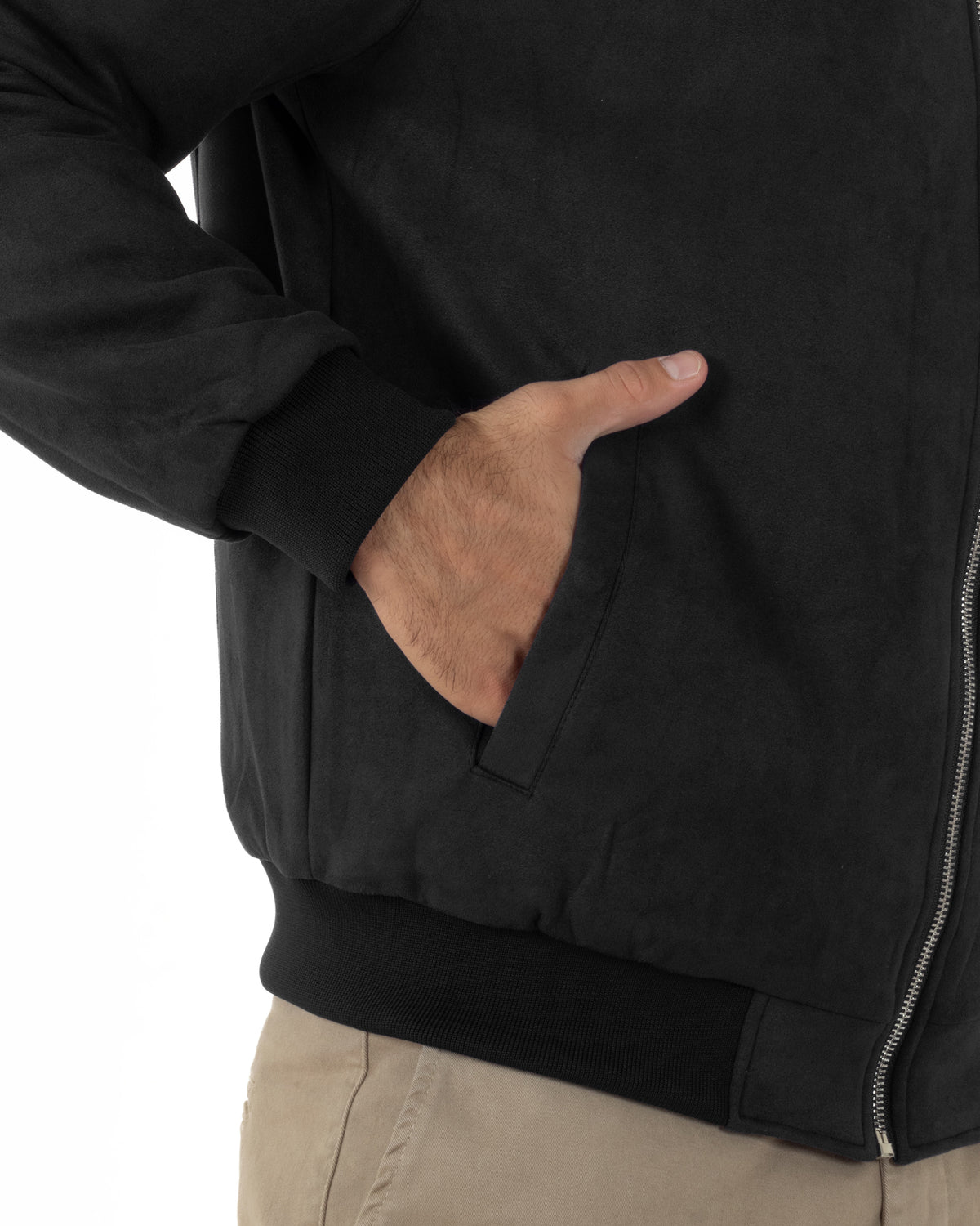 Giubbotto bomber uomo camoscio college zip nero GIOSAL-G3454A