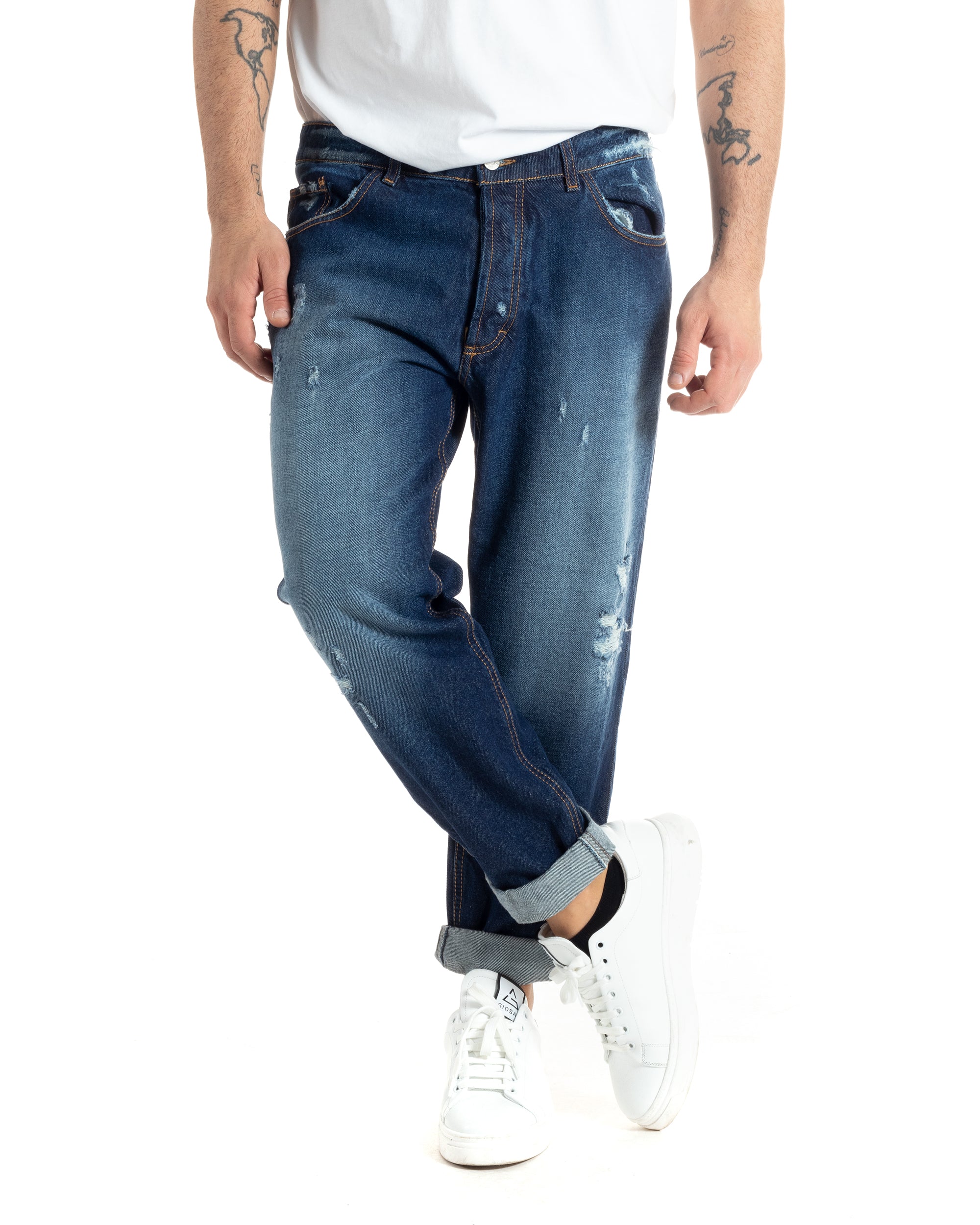 Pantaloni Jeans Uomo Loose Fit Denim Scuro Con Rotture Stonewashed GIOSAL-JS1001A