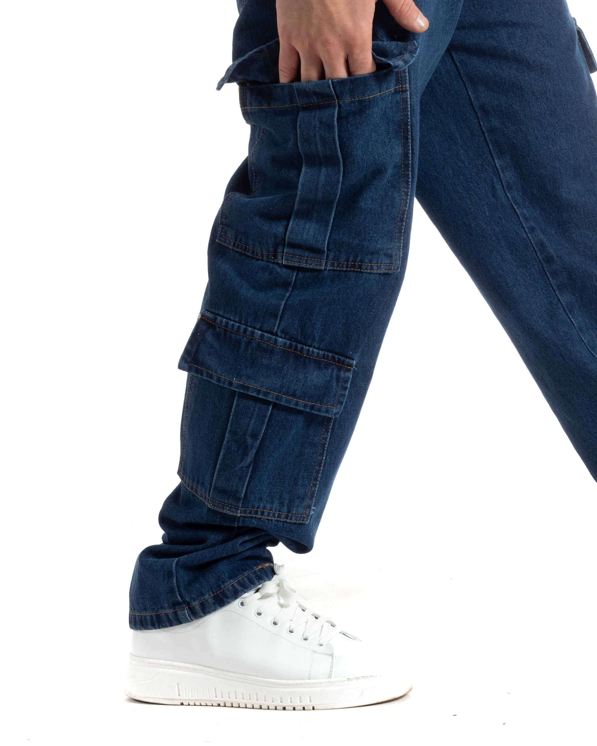 Pantaloni Uomo Jeans Cargo Straight Fit Denim Scuro Tasconi Casual GIOSAL-JS1002A