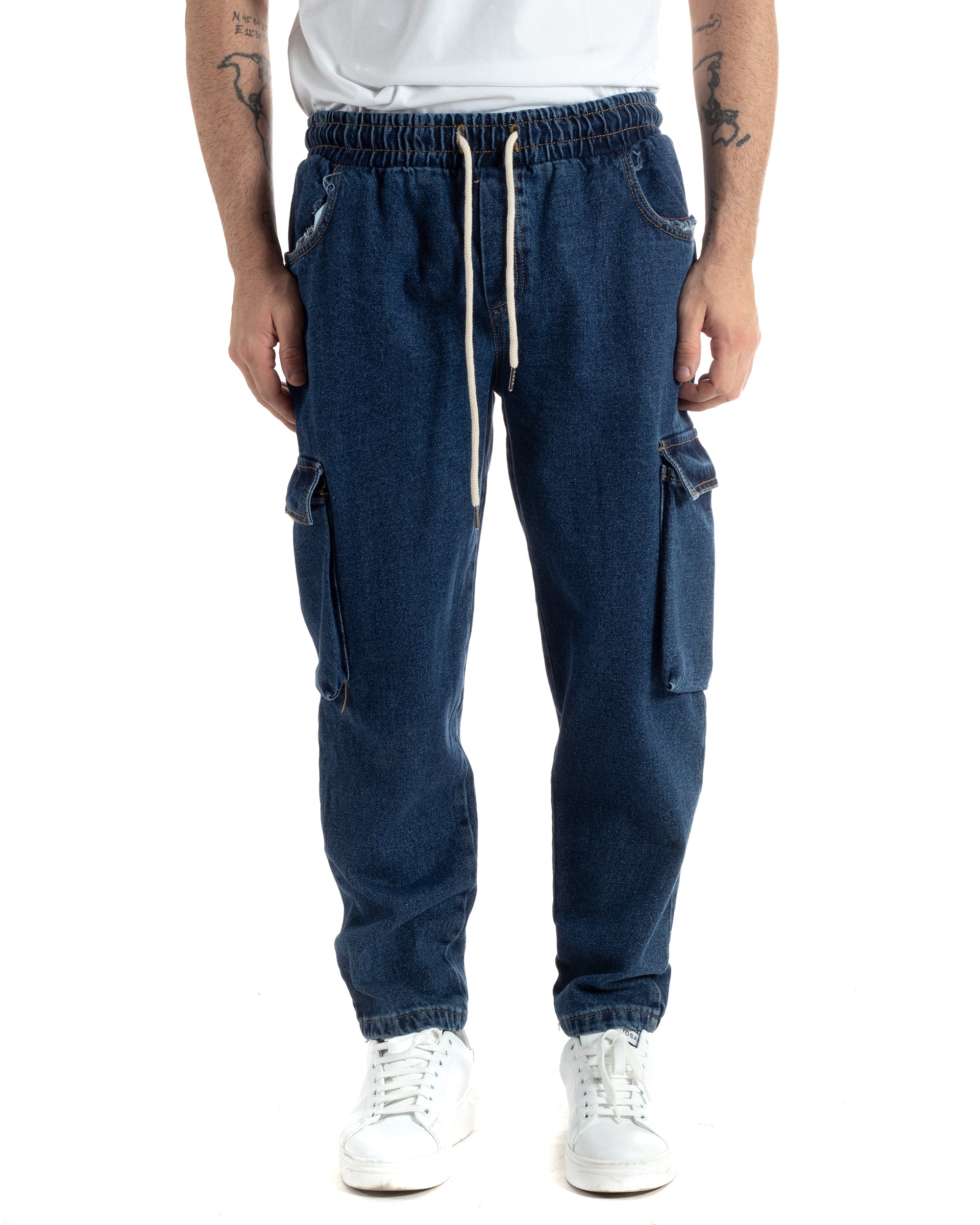 Pantaloni Uomo Pantalaccio Con Tasconi Jeans Cargo Coulisse Denim Scuro Loose Fit GIOSAL-JS1003A