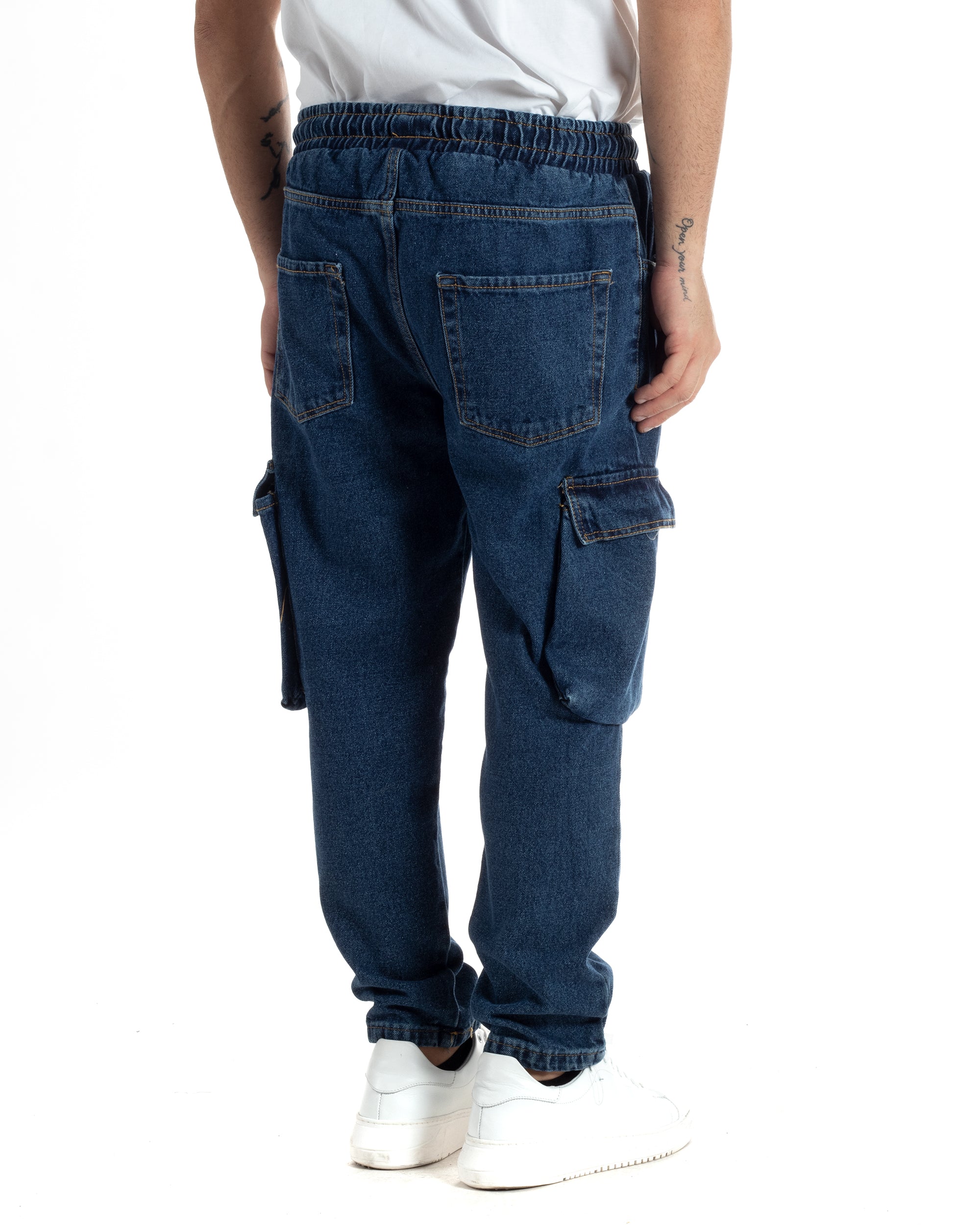 Pantaloni Uomo Pantalaccio Con Tasconi Jeans Cargo Coulisse Denim Scuro Loose Fit GIOSAL-JS1003A