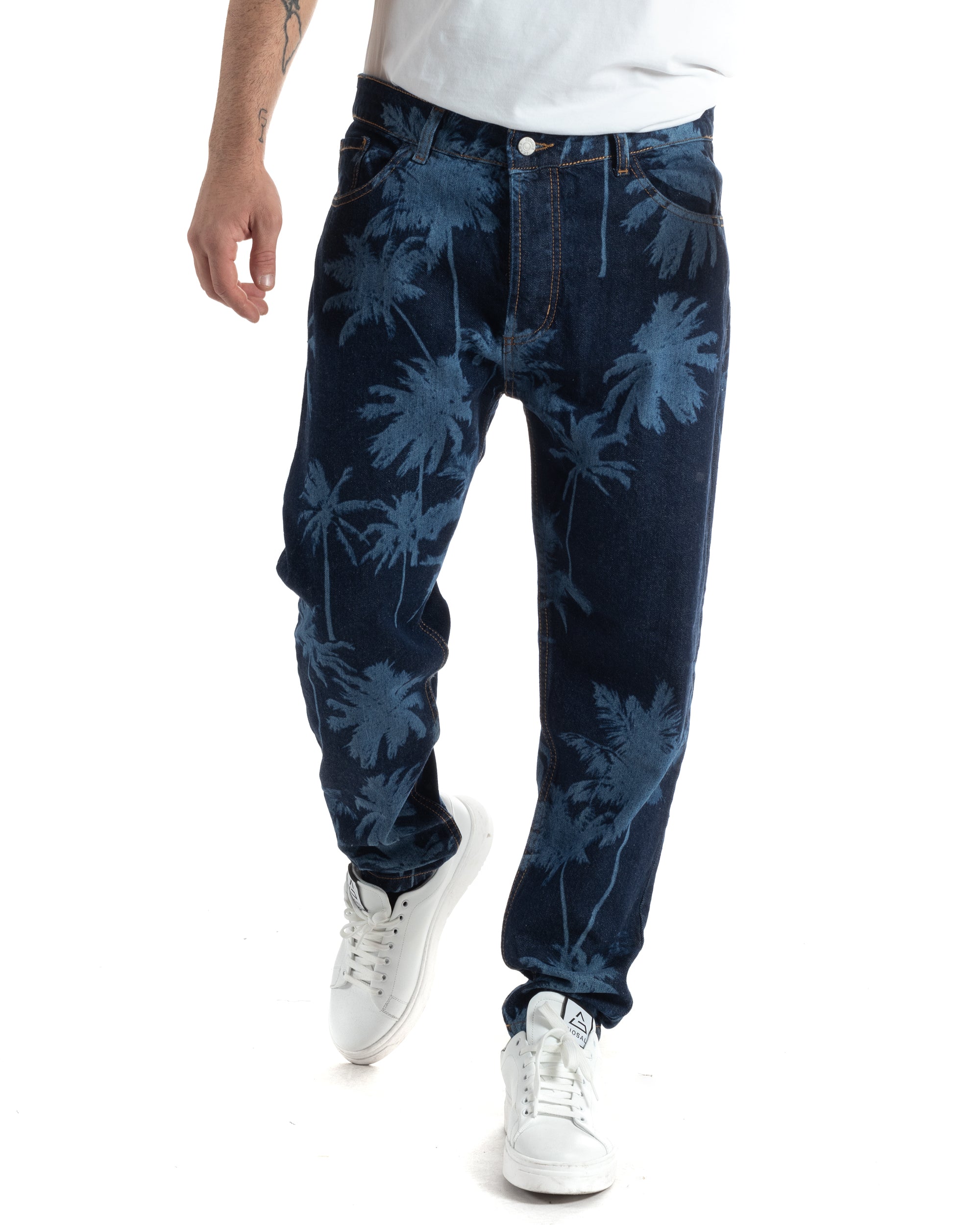 Pantaloni Jeans Uomo Loose Fit Denim Scuro Stampa Laser Tropical Stonewashed Bicolore Classico Cinque Tasche Casual GIOSAL-JS1004A