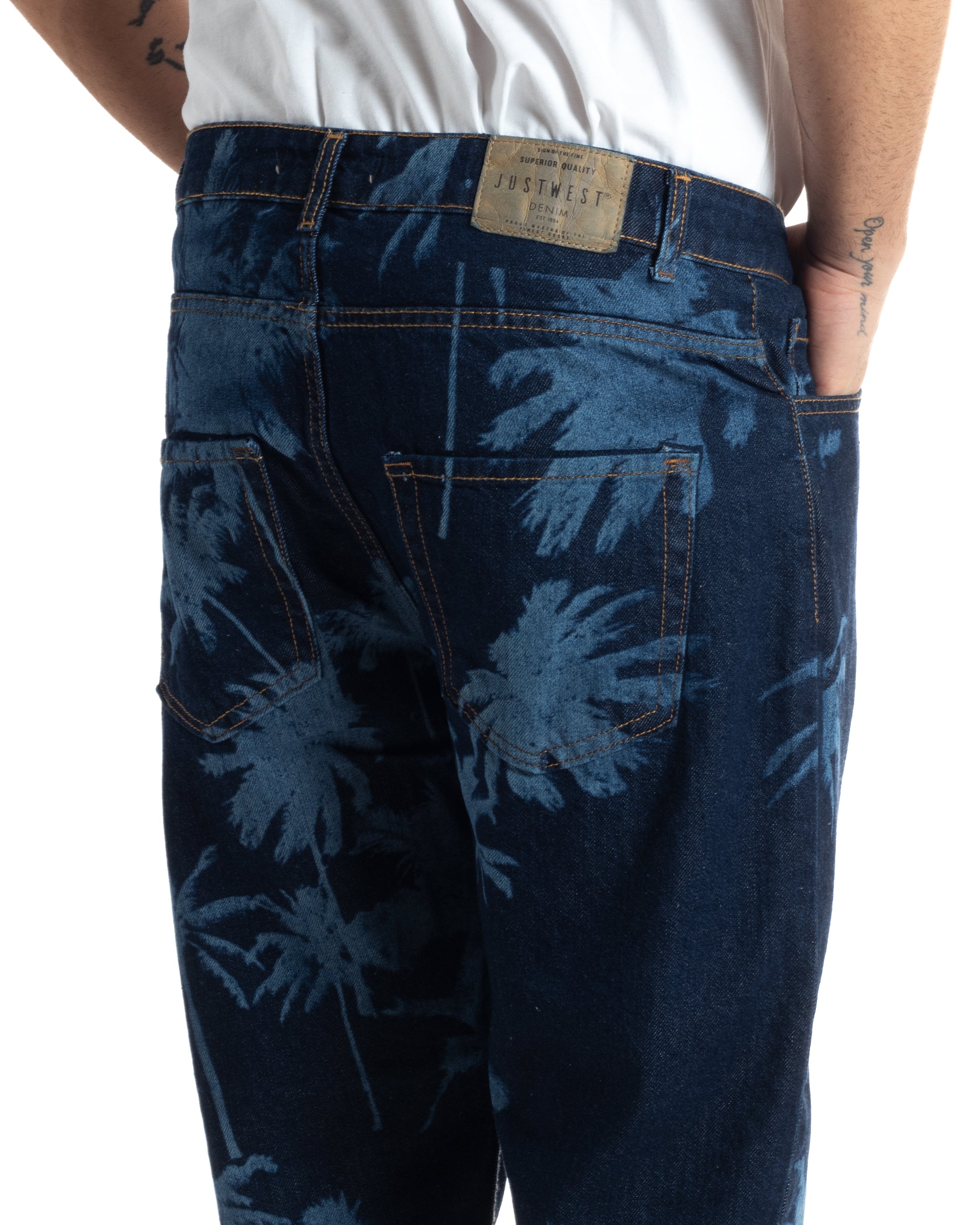 Pantaloni Jeans Uomo Loose Fit Denim Scuro Stampa Laser Tropical Stonewashed Bicolore Classico Cinque Tasche Casual GIOSAL-JS1004A