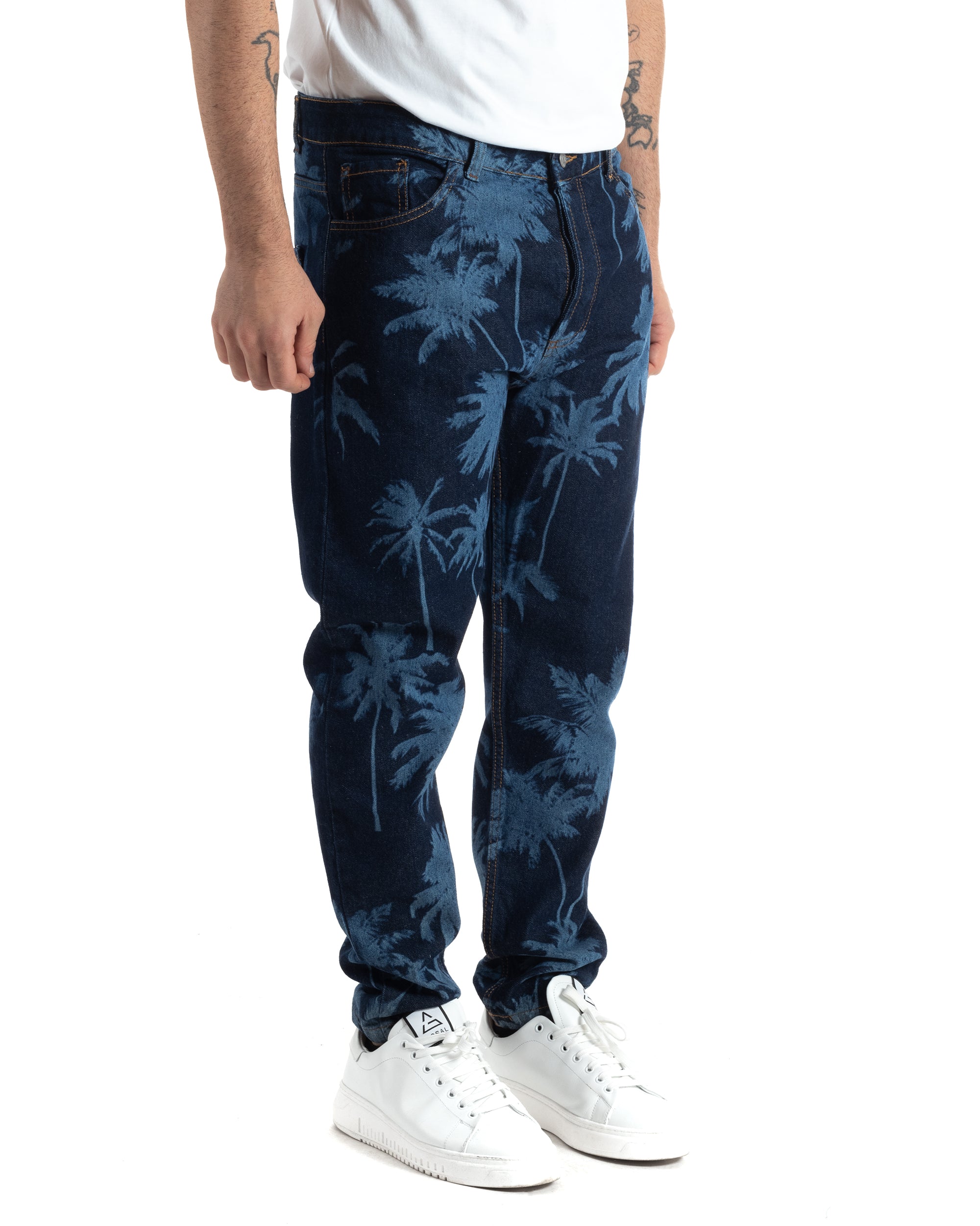 Pantaloni Jeans Uomo Loose Fit Denim Scuro Stampa Laser Tropical Stonewashed Bicolore Classico Cinque Tasche Casual GIOSAL-JS1004A