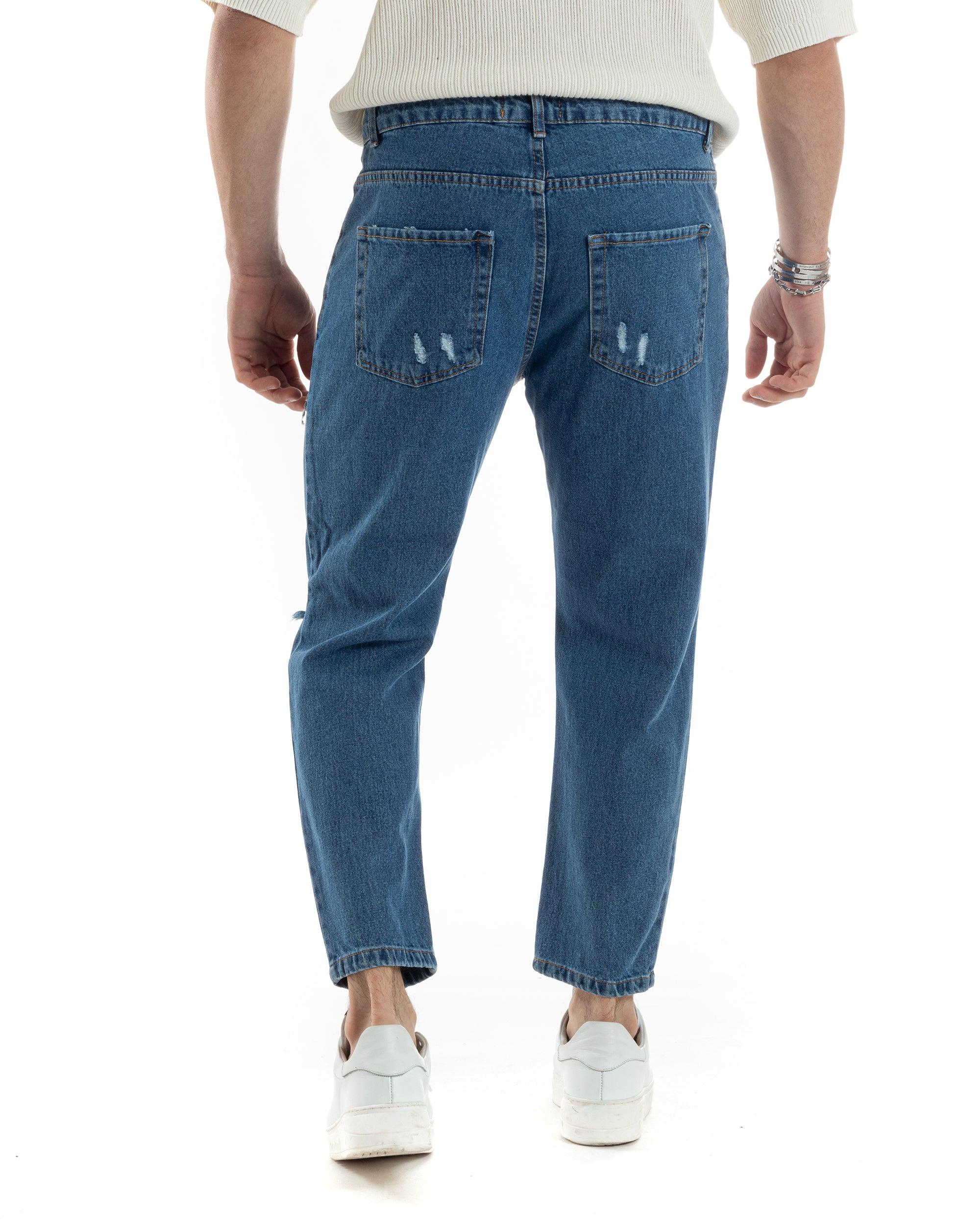 Pantaloni Jeans Uomo Straight Fit Denim Scuro Con Strappi Cinque Tasche Casual GIOSAL-JS1008A