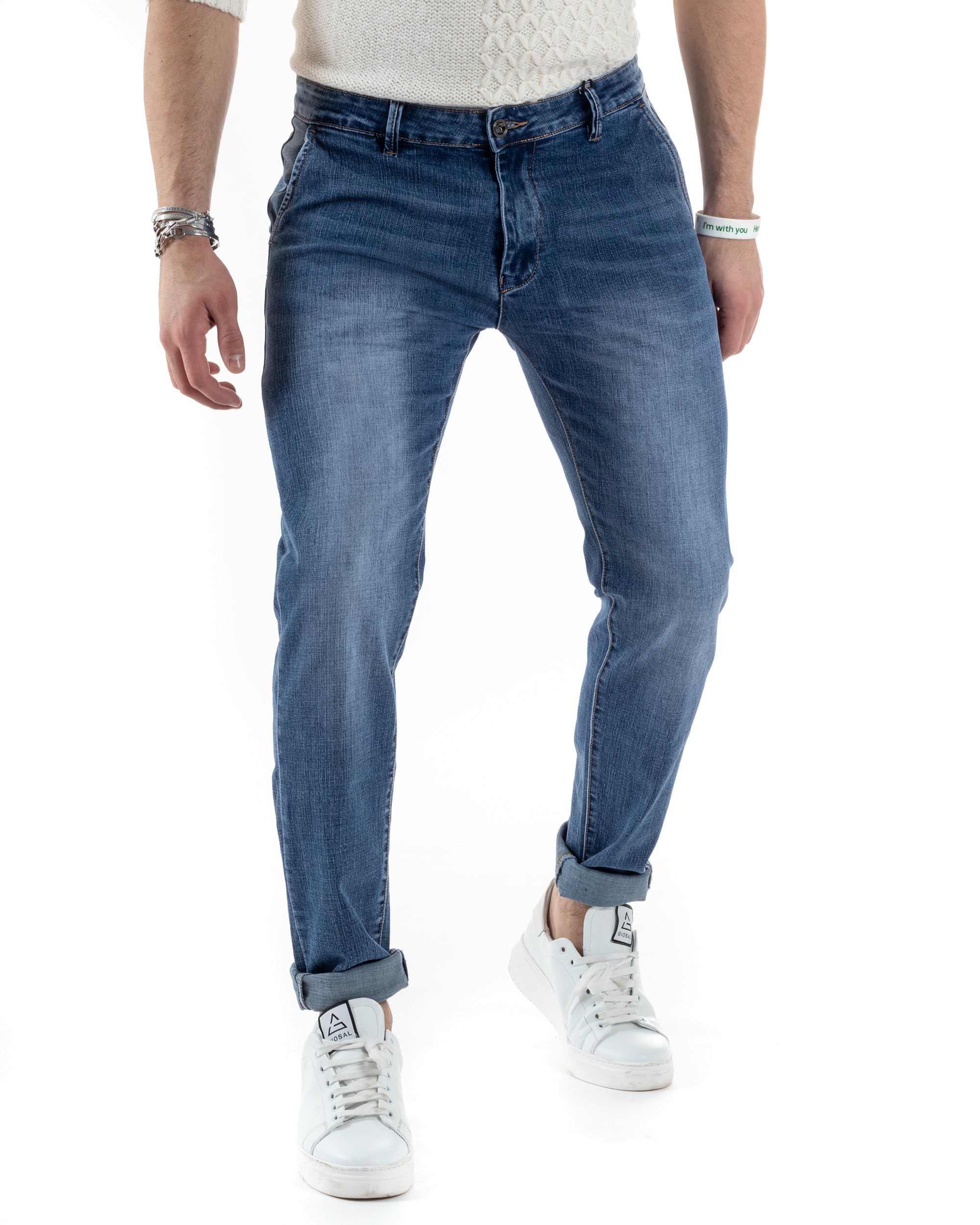 Jeans Uomo Pantaloni Tasche America Slim Fit Blu Denim Stone Washed Basic Comodo GIOSAL-JS1009A