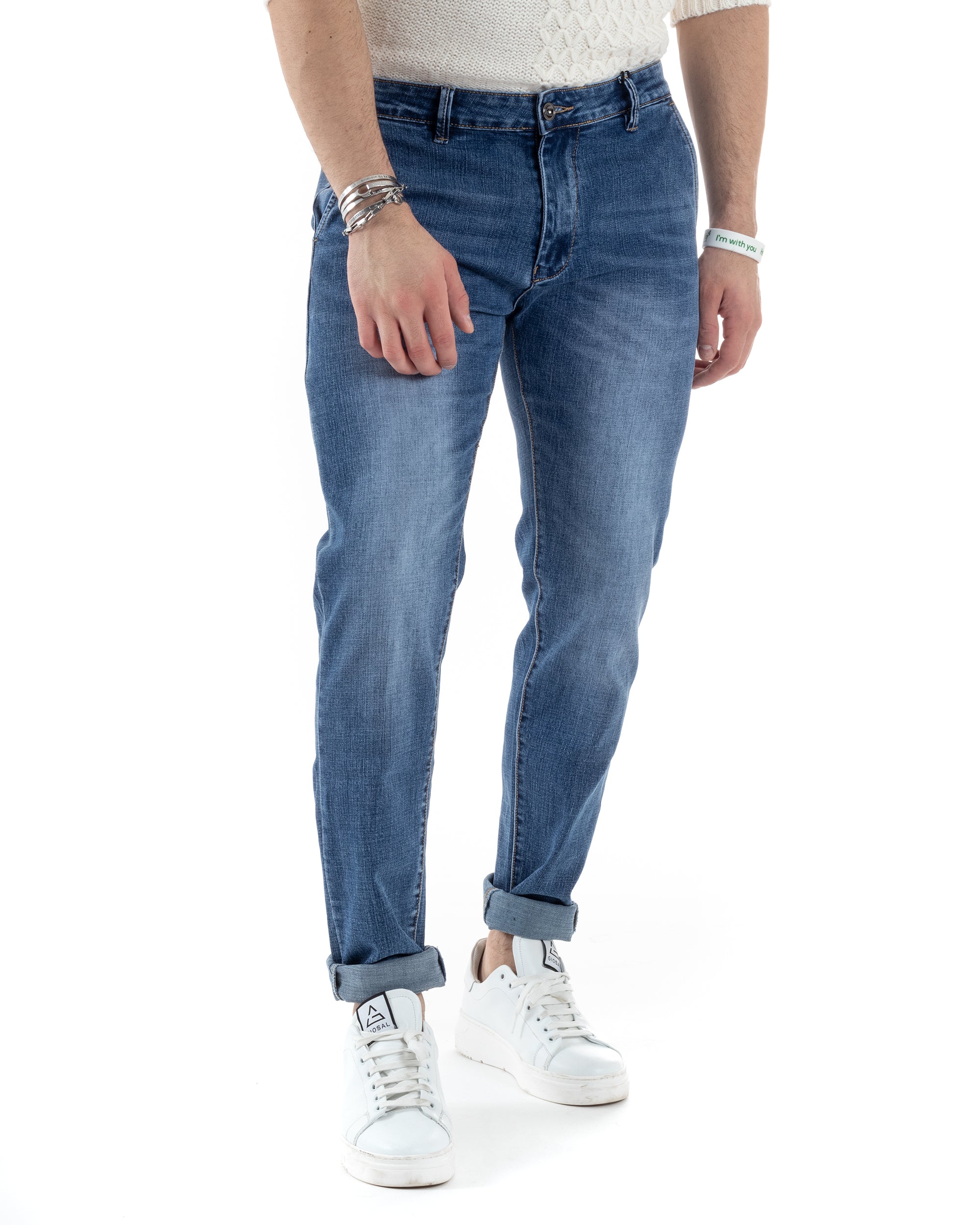 Jeans Uomo Pantaloni Tasche America Slim Fit Blu Denim Stone Washed Basic Comodo GIOSAL-JS1009A