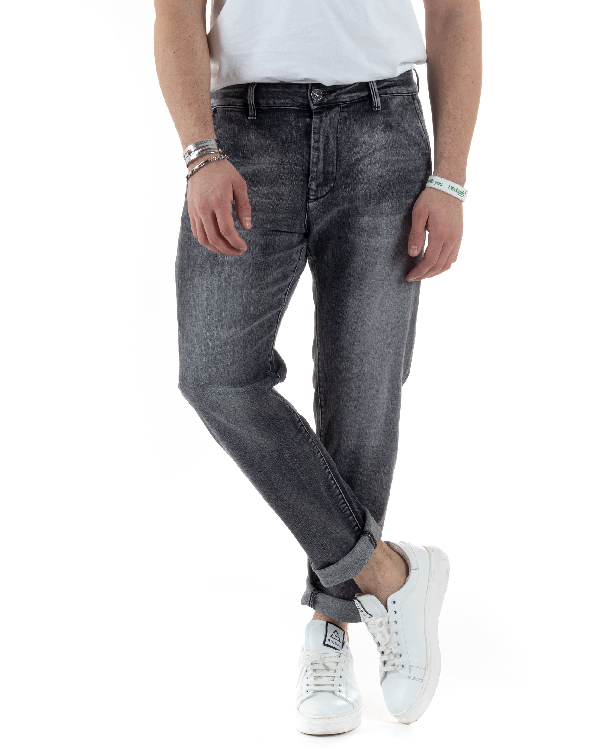 Pantaloni Uomo Jeans Tasca America Slim Fit Grigio Denim Stone Washed GIOSAL-JS1010A