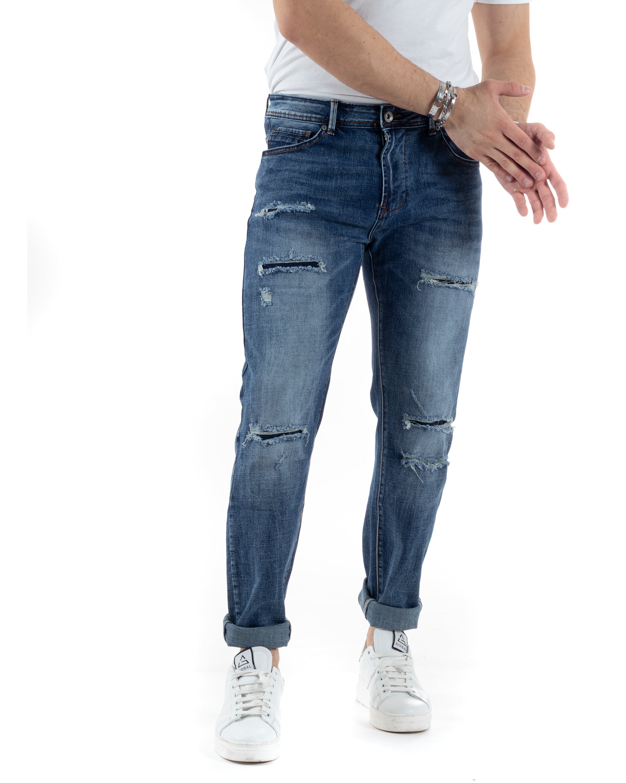 Pantaloni Uomo Jeans Con Rotture Cinque Tasche Slim Fit Blu Denim Stone Washed GIOSAL-JS1011A