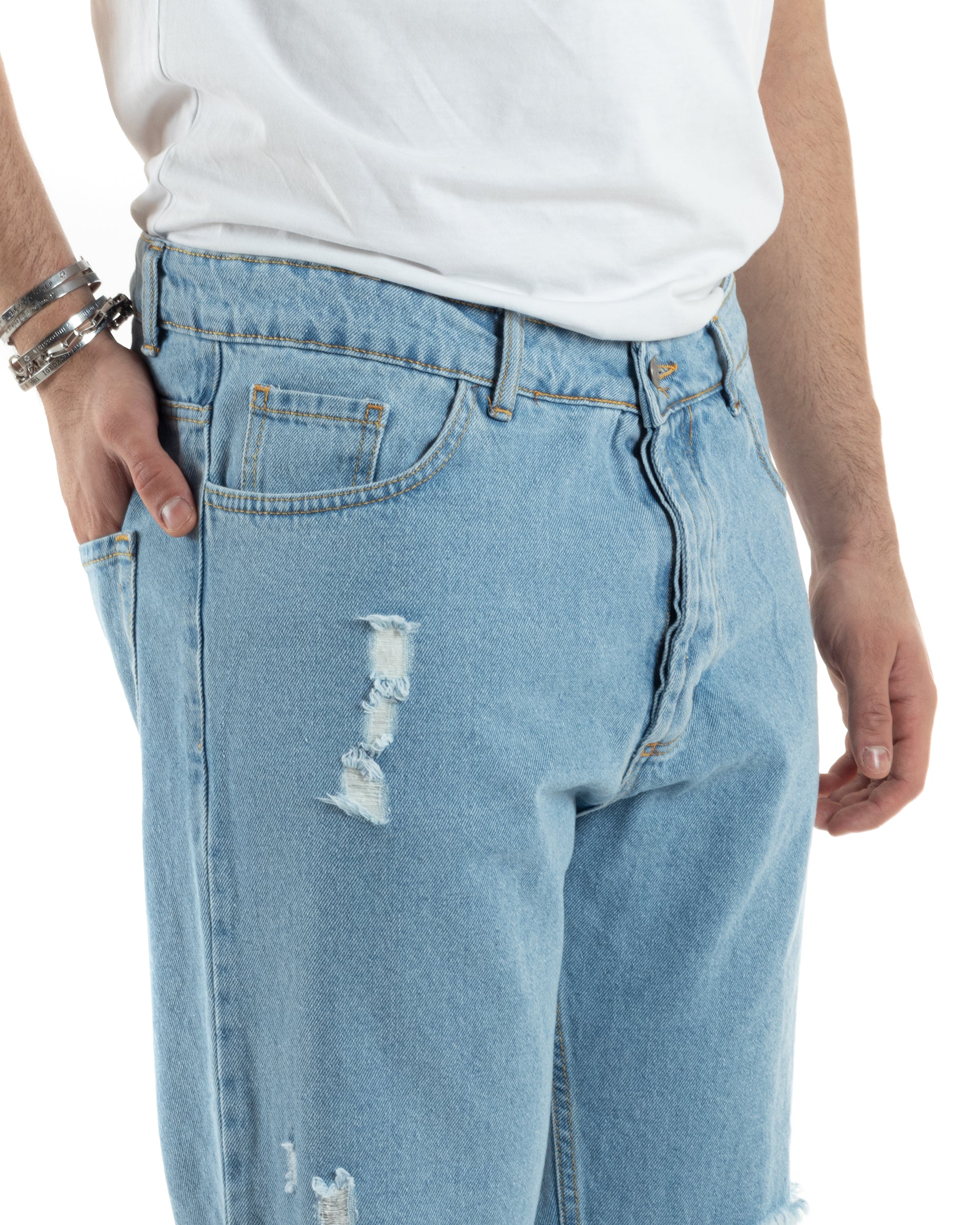 Pantaloni Jeans Uomo Straight Fit Denim Chiaro Con Strappi Cinque Tasche Casual GIOSAL-JS1012A