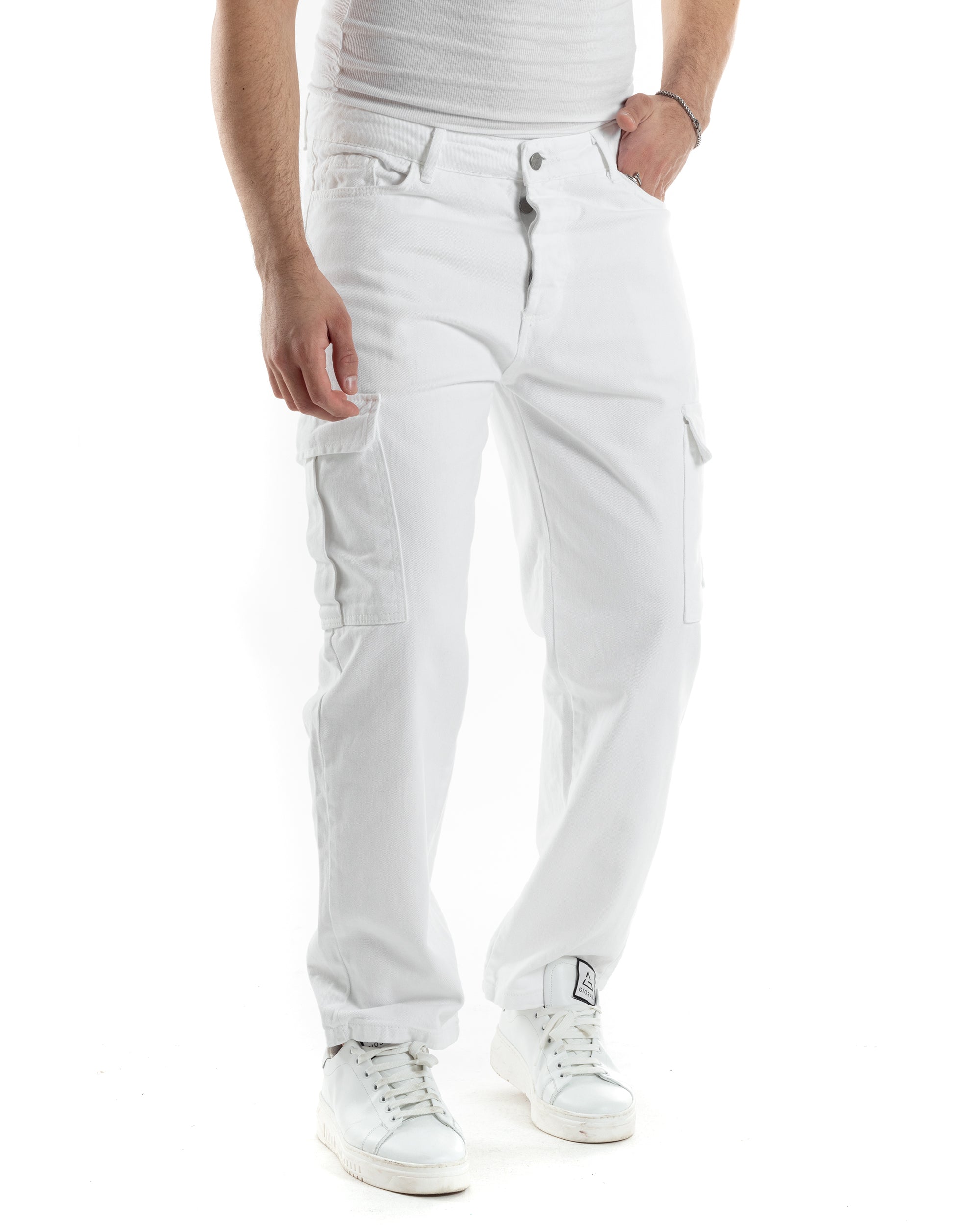 Pantaloni Uomo Cargo Tasconi Jeans Bianco Straight Fit Casual GIOSAL-JS1014A