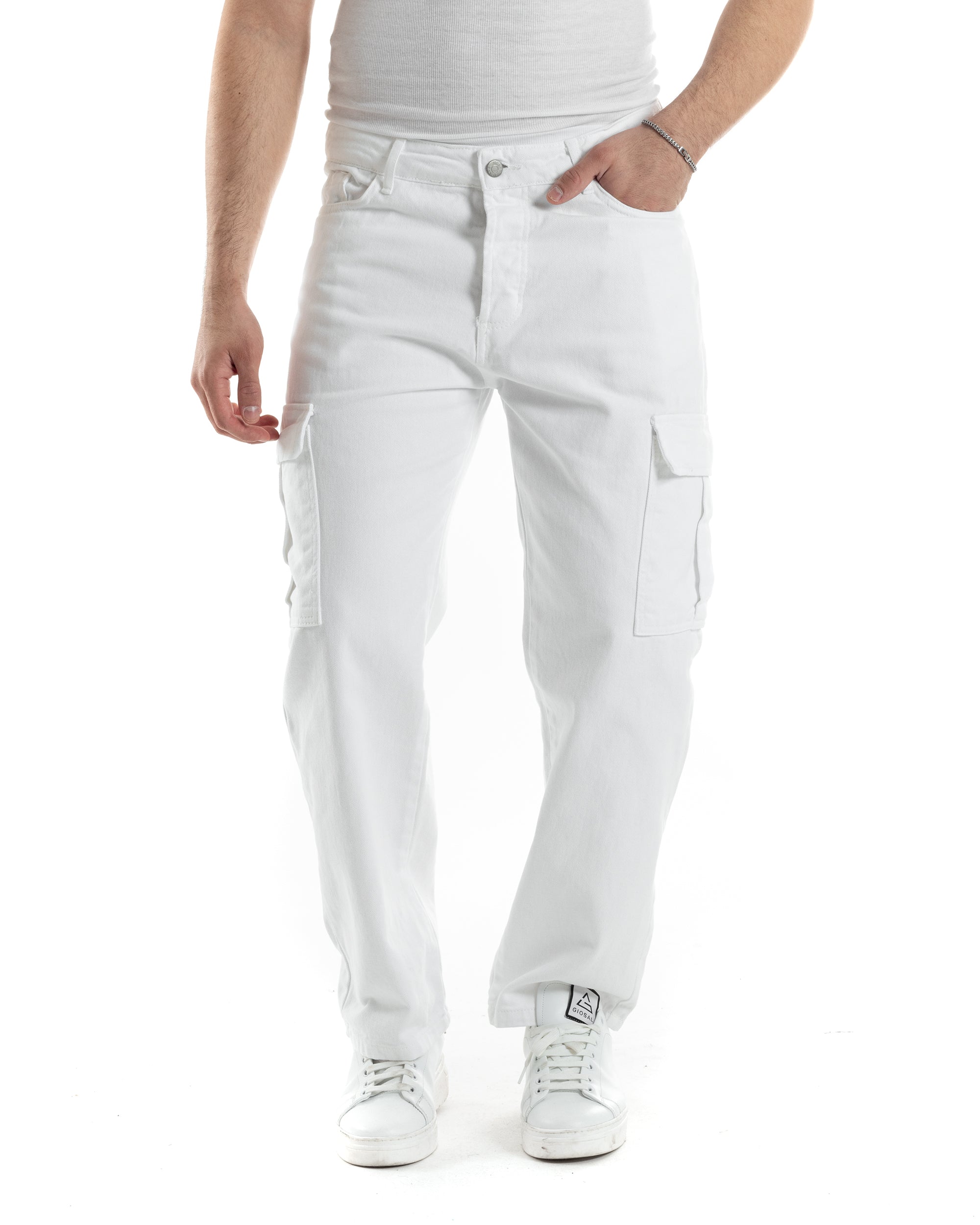 Pantaloni Uomo Cargo Tasconi Jeans Bianco Straight Fit Casual GIOSAL-JS1014A