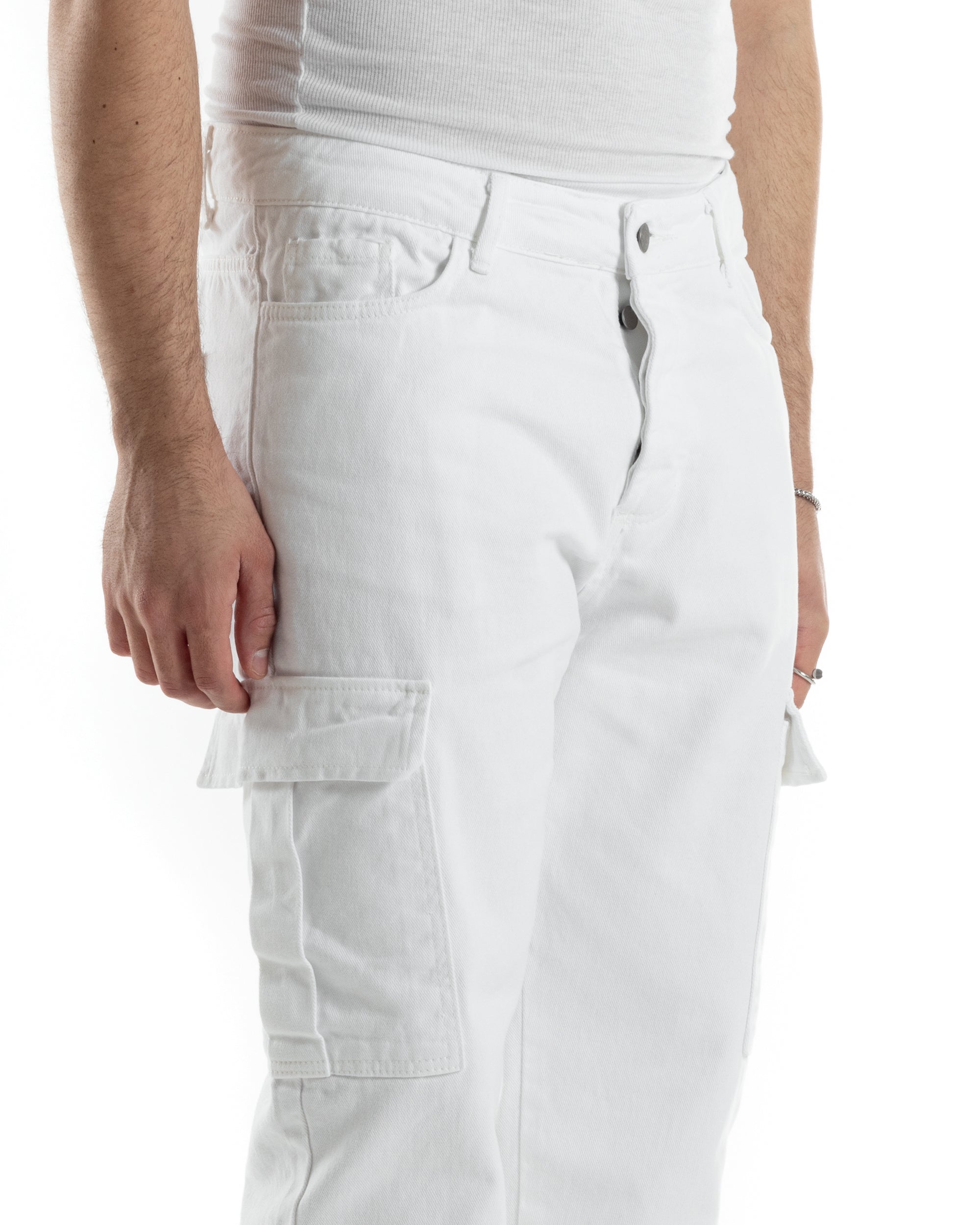 Pantaloni Uomo Cargo Tasconi Jeans Bianco Straight Fit Casual GIOSAL-JS1014A