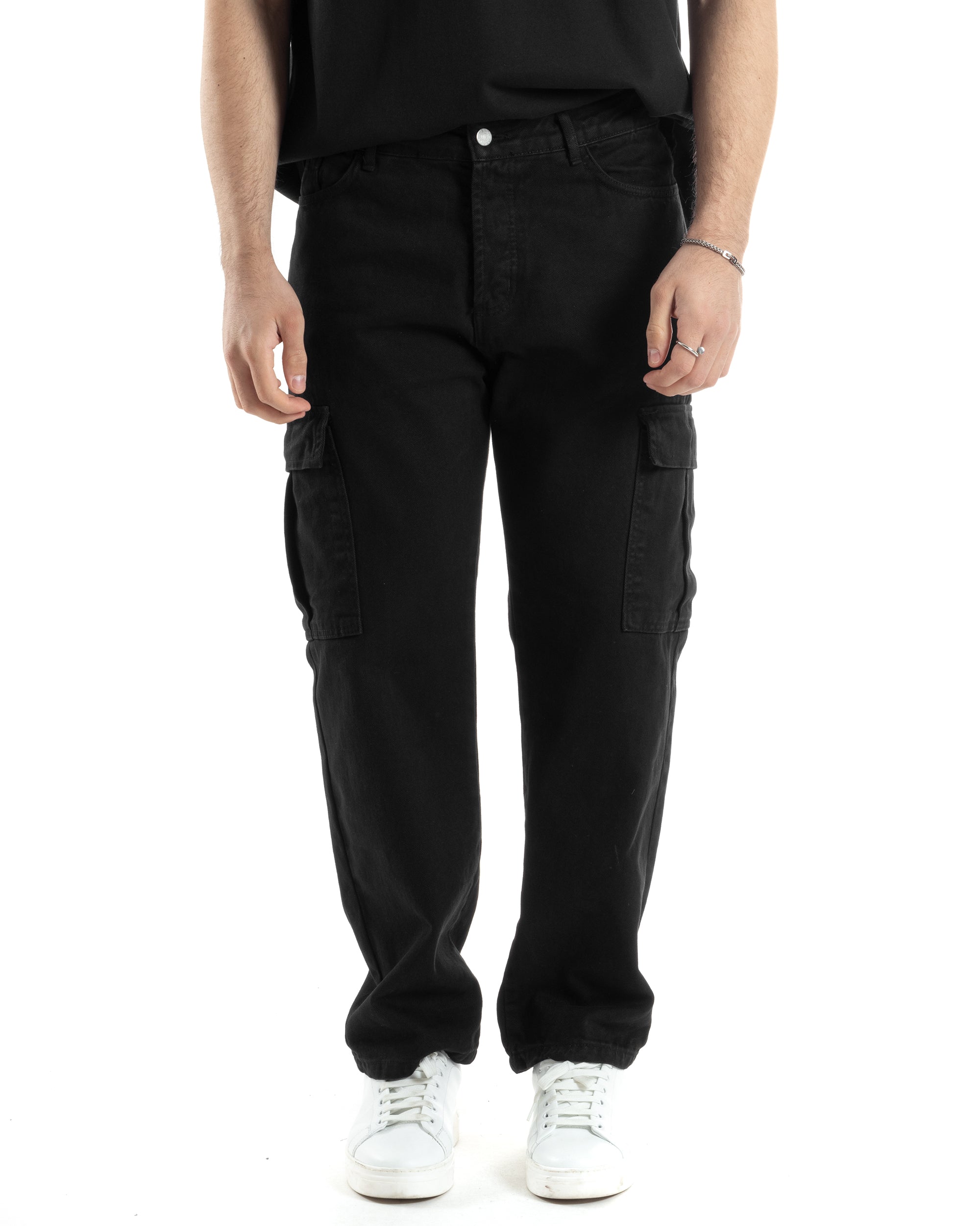 Pantaloni Uomo Cargo Tasconi Jeans Nero Straight Fit Casual GIOSAL-JS1015A