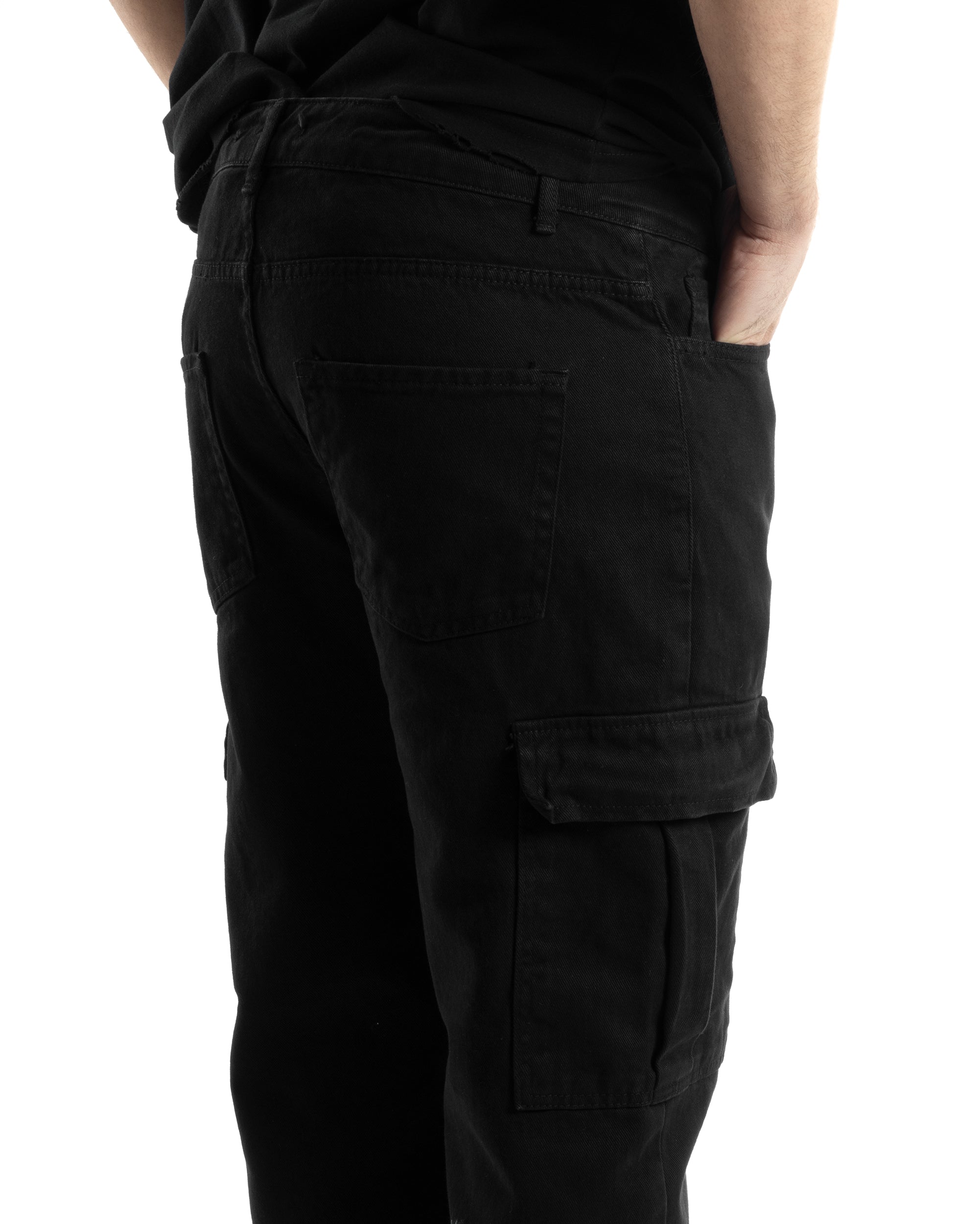 Pantaloni Uomo Cargo Tasconi Jeans Nero Straight Fit Casual GIOSAL-JS1015A