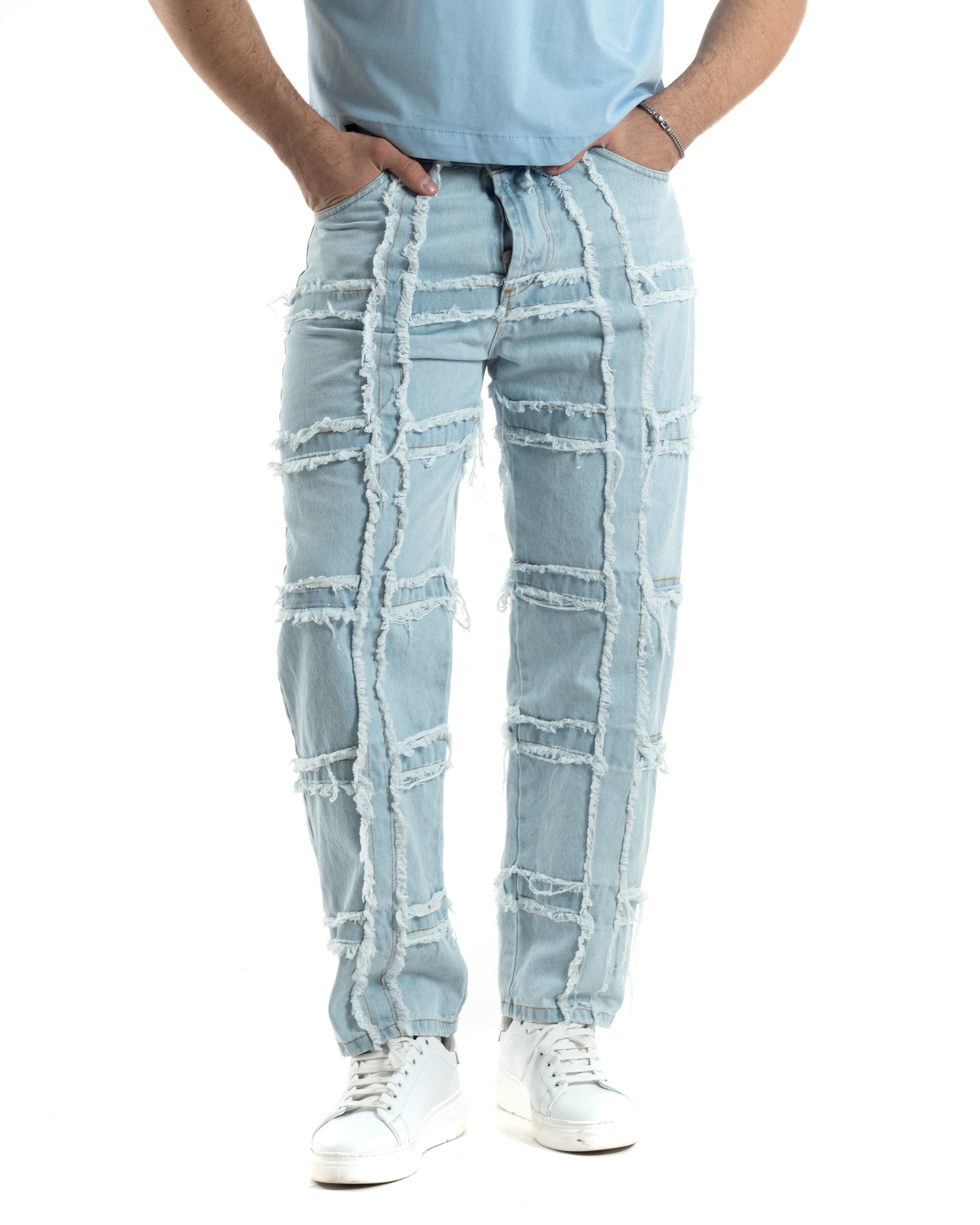 Pantaloni Uomo Jeans Baggy Sfrangiato Denim Chiato Fondo Largo Ampio GIOSAL-JS1022A