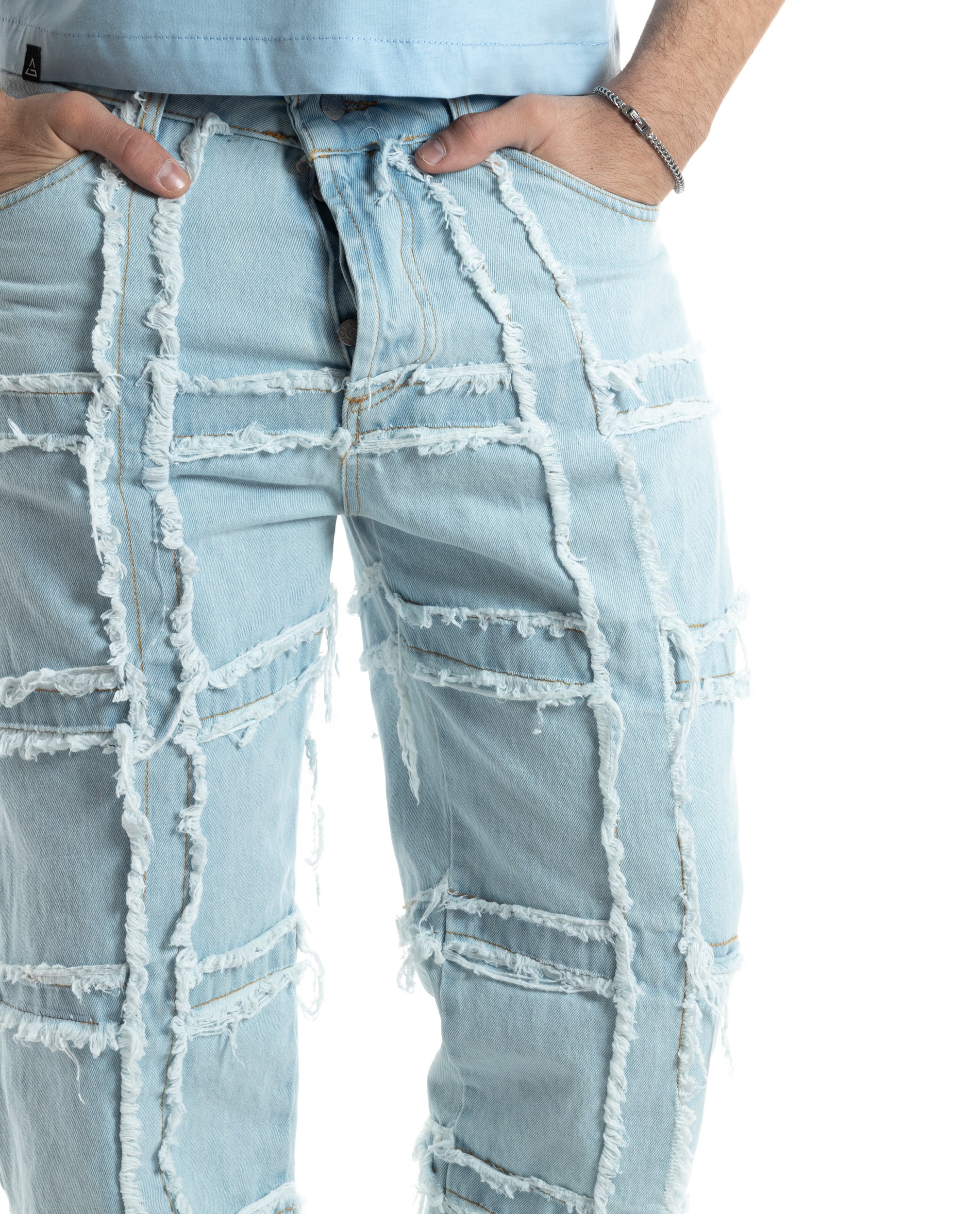 Pantaloni Uomo Jeans Baggy Sfrangiato Denim Chiaro Fondo Largo Ampio GIOSAL-JS1022A