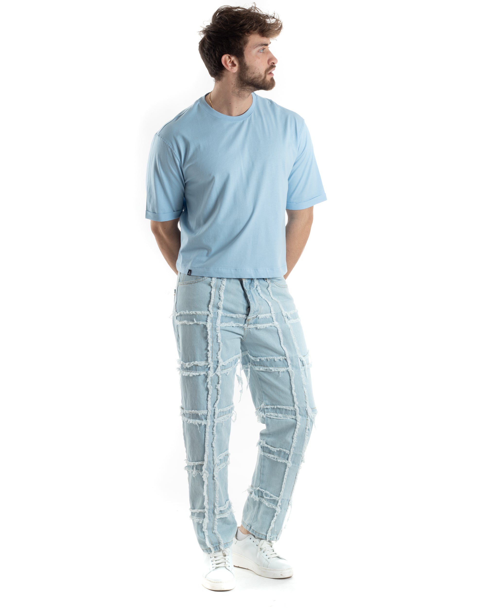 Pantaloni Uomo Jeans Baggy Sfrangiato Denim Chiaro Fondo Largo Ampio GIOSAL-JS1022A