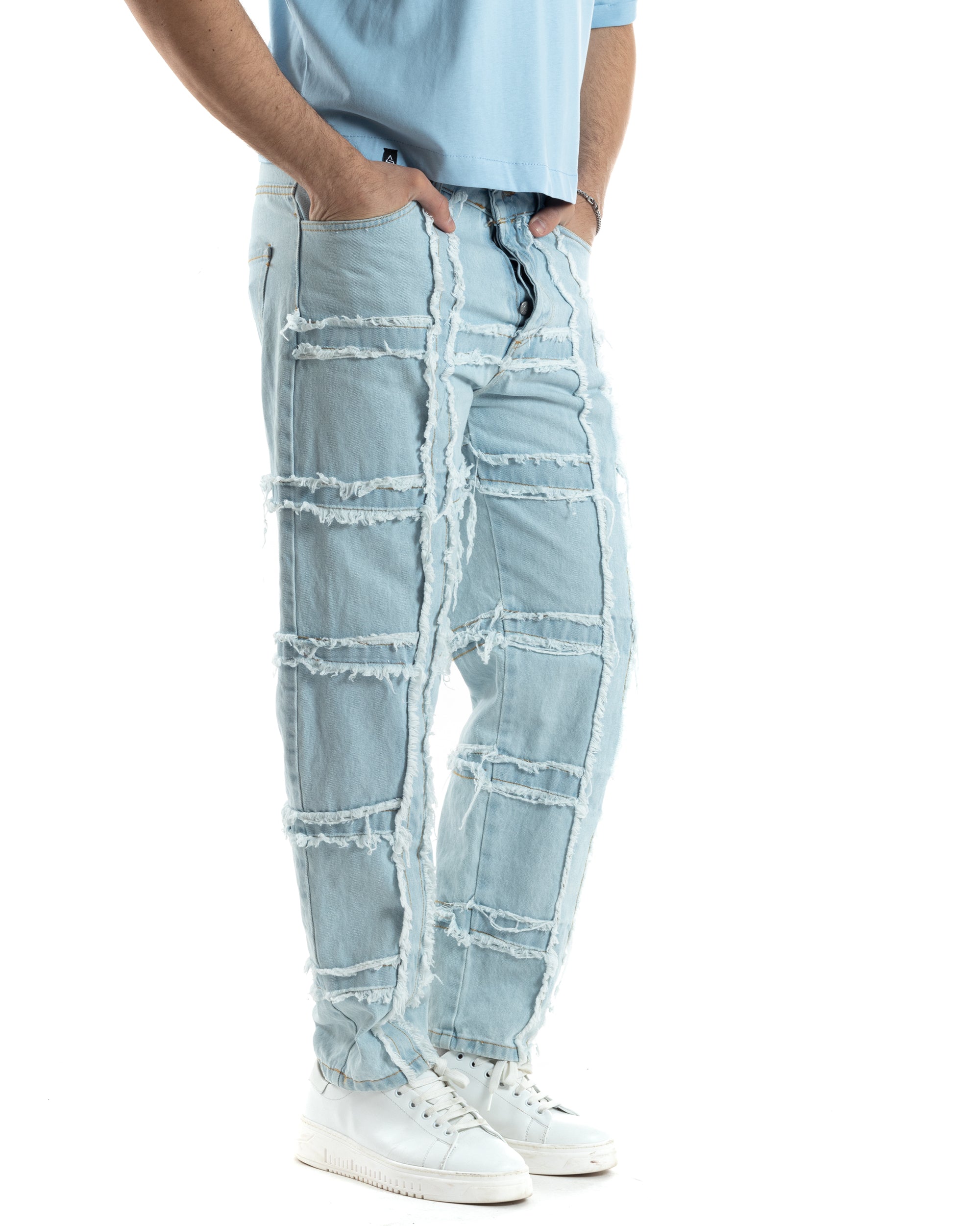 Pantaloni Uomo Jeans Baggy Sfrangiato Denim Chiato Fondo Largo Ampio GIOSAL-JS1022A