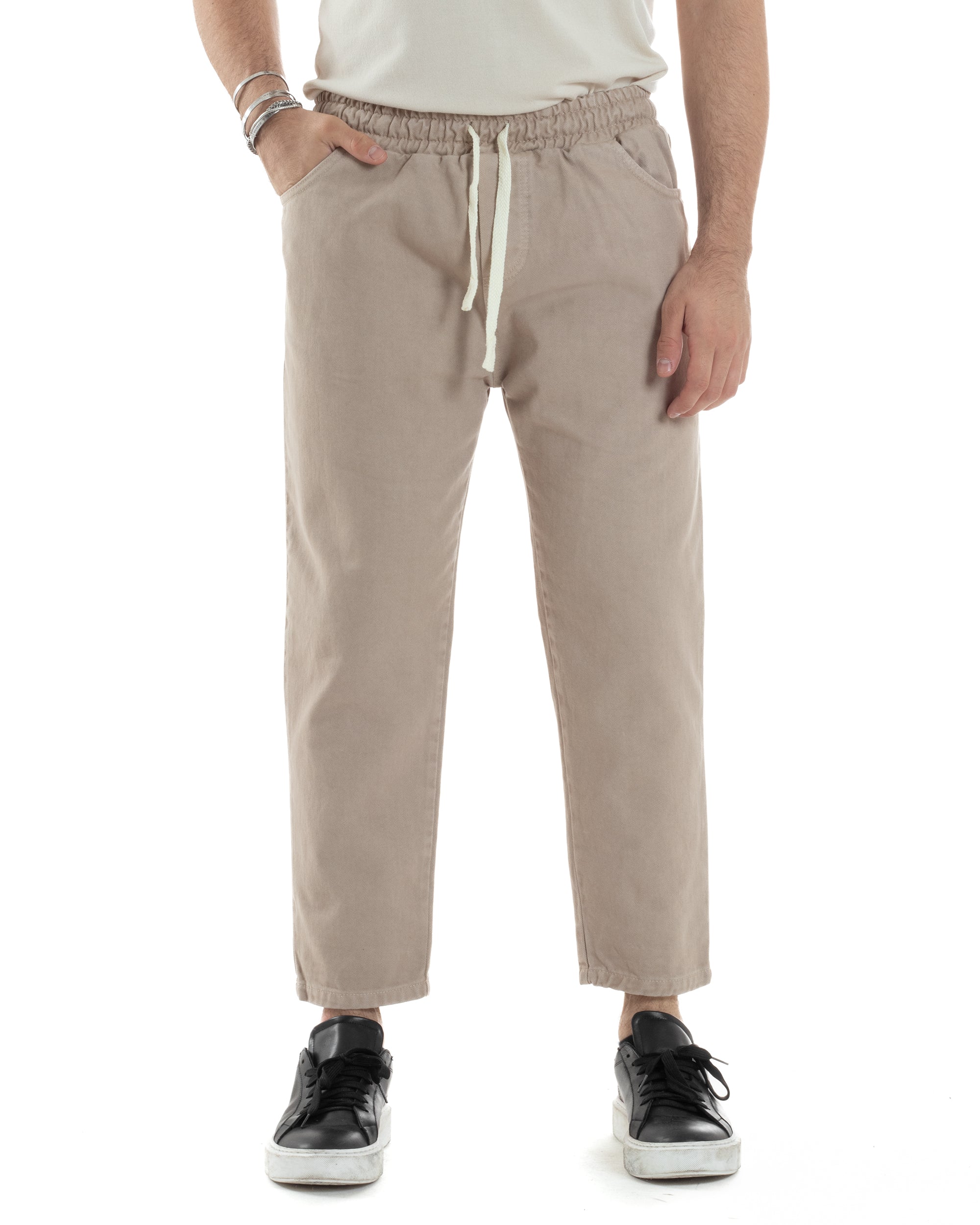 Pantaloni Jeans Uomo Regular Fit Pantalaccio Semplice Jogger Tinta Unita Beige GIOSAL-JS1027A