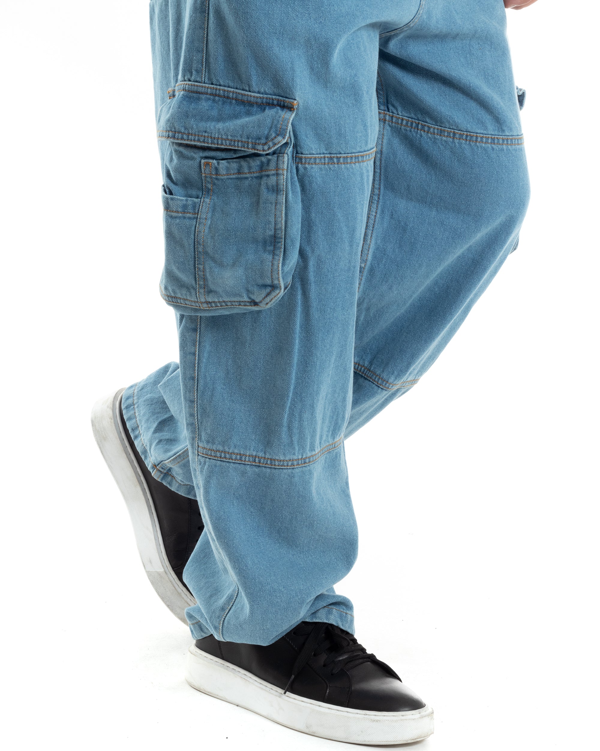 Pantaloni Uomo Cargo Tasconi Jeans Baggy Carpenter Oversize Denim Fondo Largo Ampio GIOSAL-JS1028A