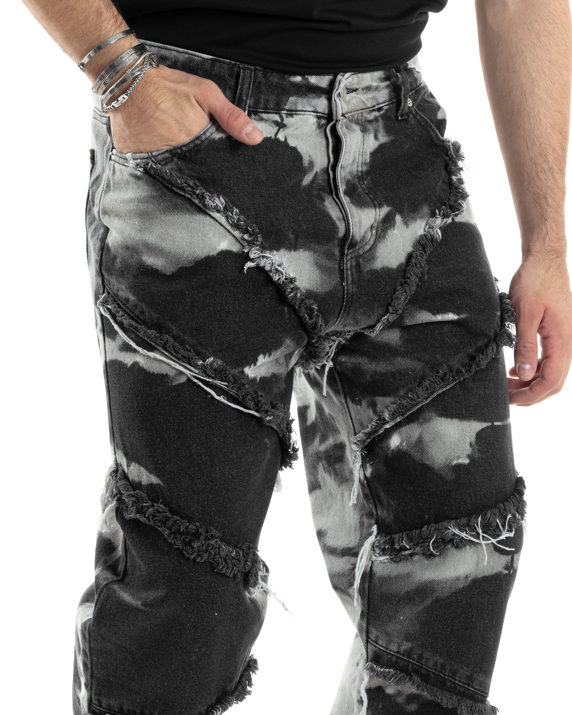 Pantaloni Uomo Jeans Baggy Sfrangiato Denim Nero Fondo Largo Ampio GIOSAL-JS1029A