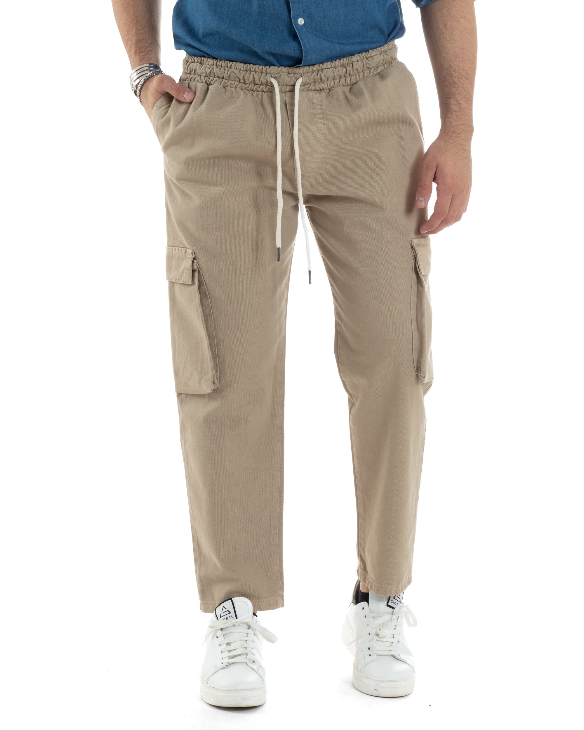 Pantaloni Jeans Uomo Regular Fit Pantalaccio Cargo Jogger Con Tasconi Tinta Unita Beige GIOSAL-JS1031A