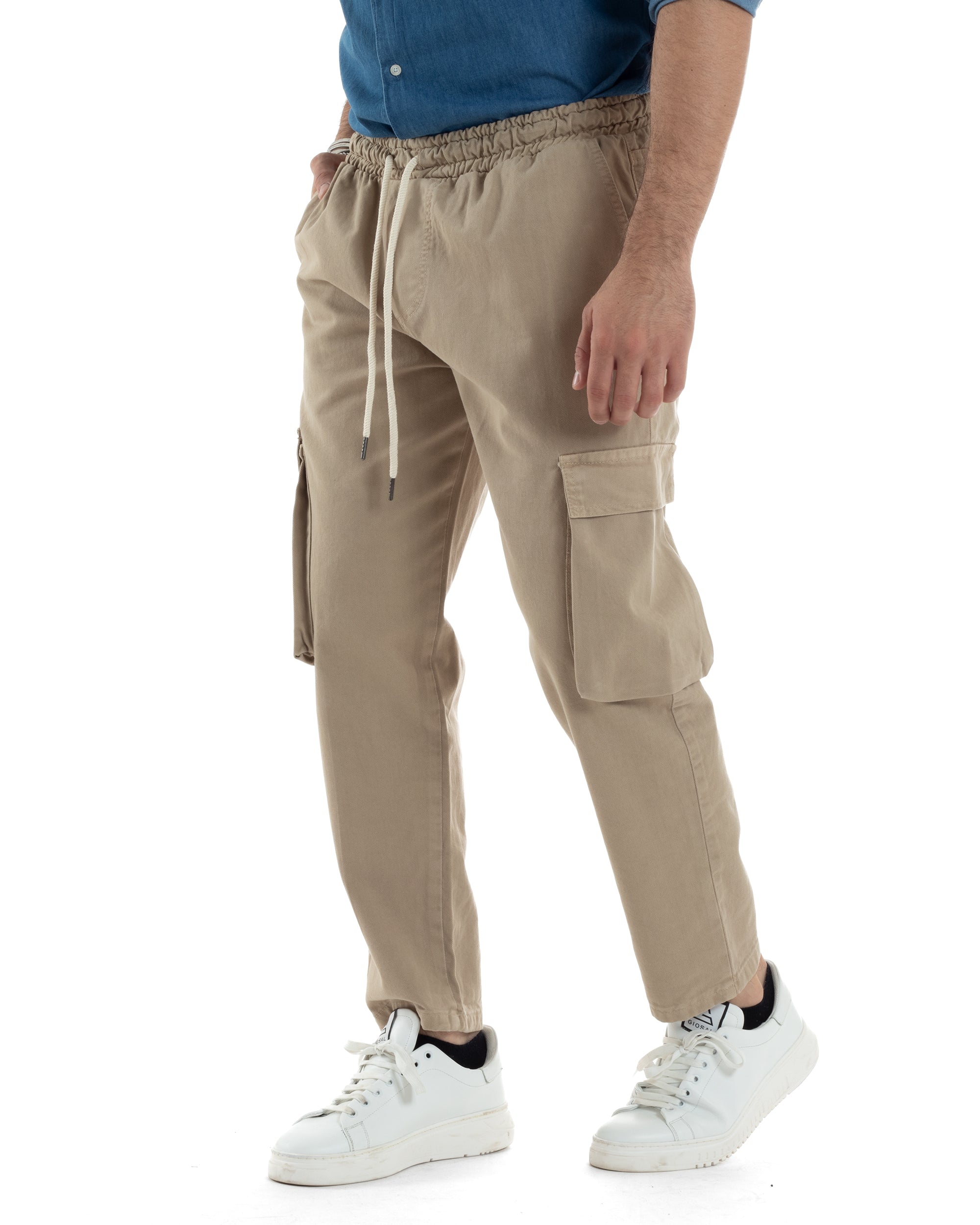 Pantaloni Jeans Uomo Regular Fit Pantalaccio Cargo Jogger Con Tasconi Tinta Unita Beige GIOSAL-JS1031A