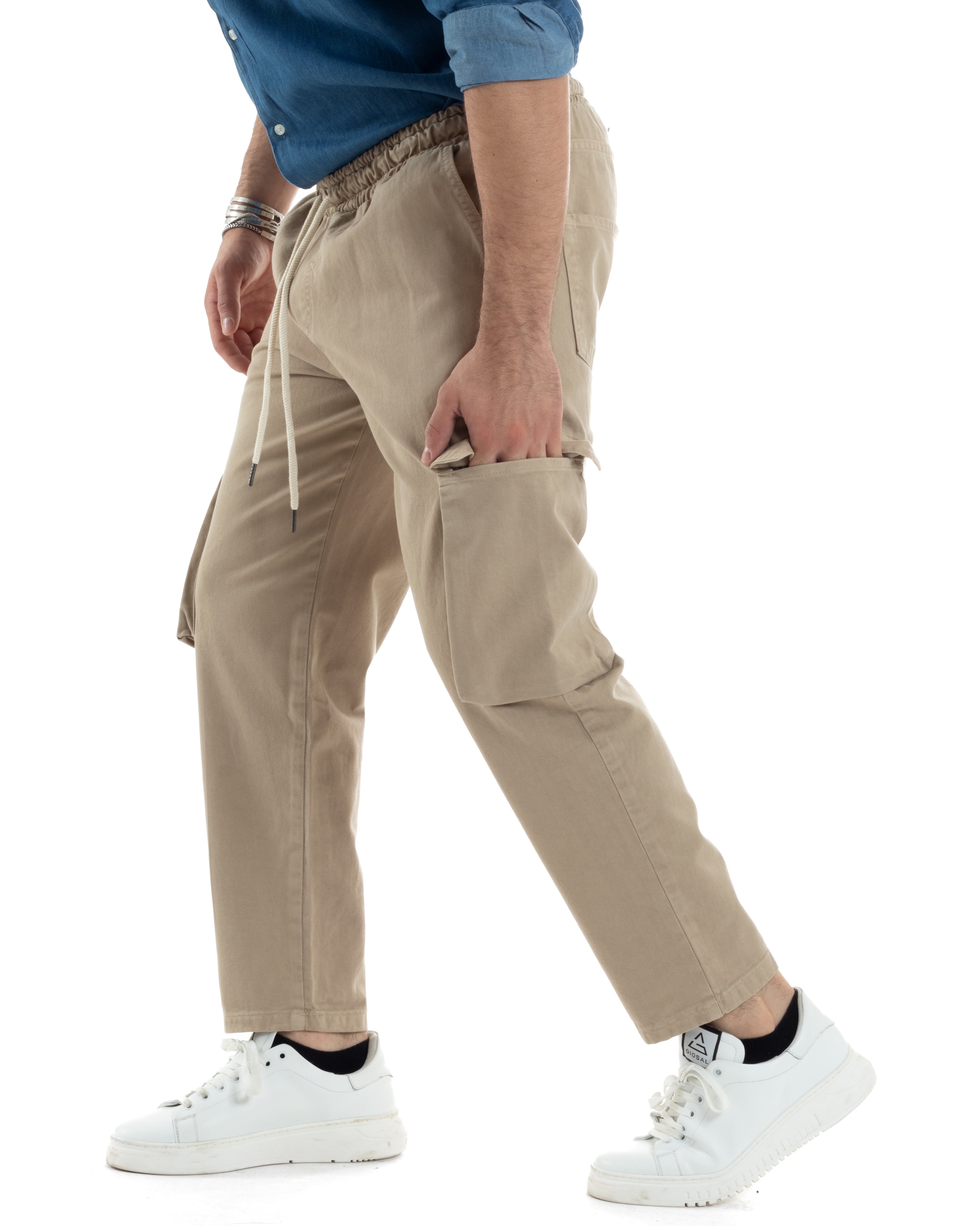 Pantaloni Jeans Uomo Regular Fit Pantalaccio Cargo Jogger Con Tasconi Tinta Unita Beige GIOSAL-JS1031A