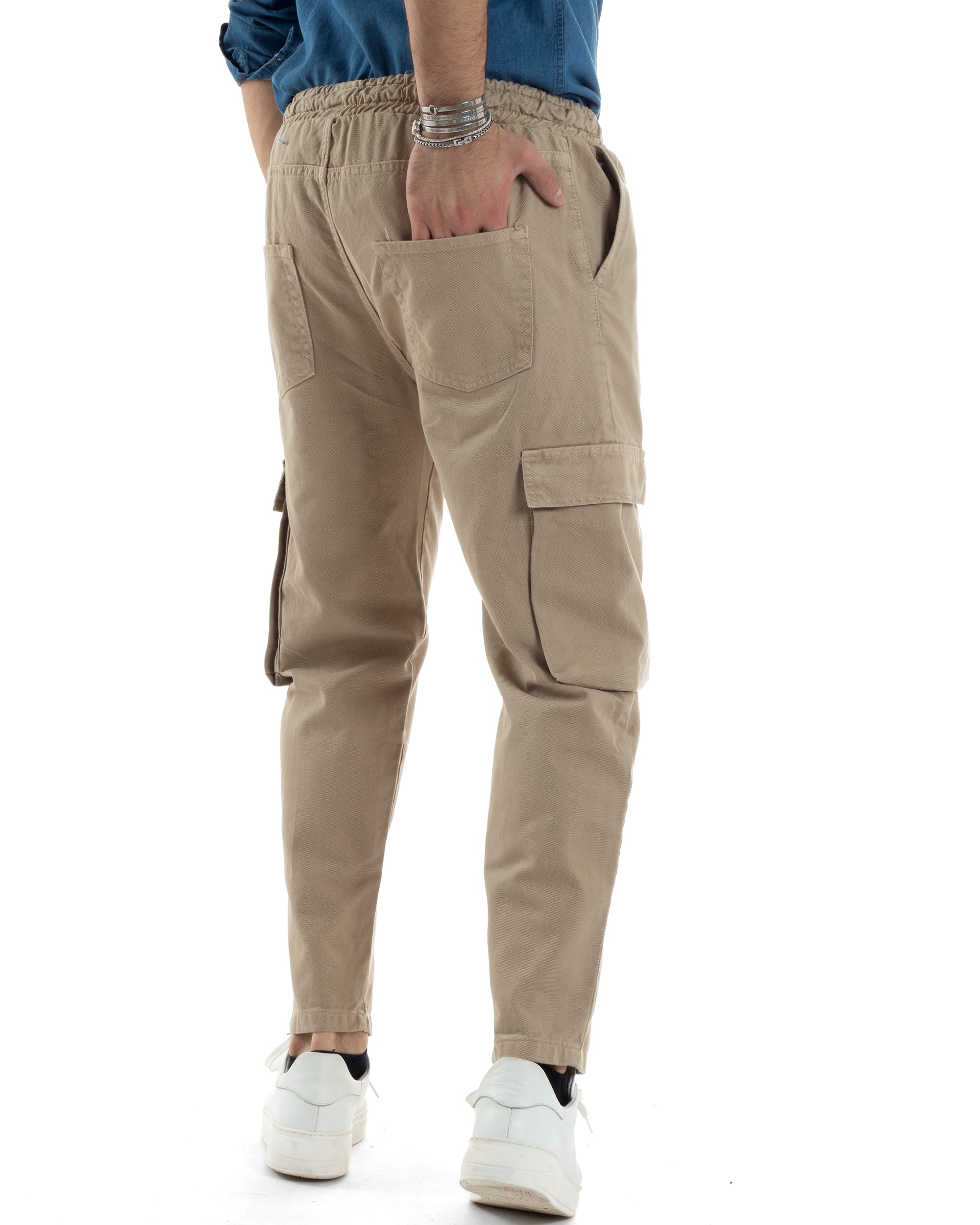 Pantaloni Jeans Uomo Regular Fit Pantalaccio Cargo Jogger Con Tasconi Tinta Unita Beige GIOSAL-JS1031A