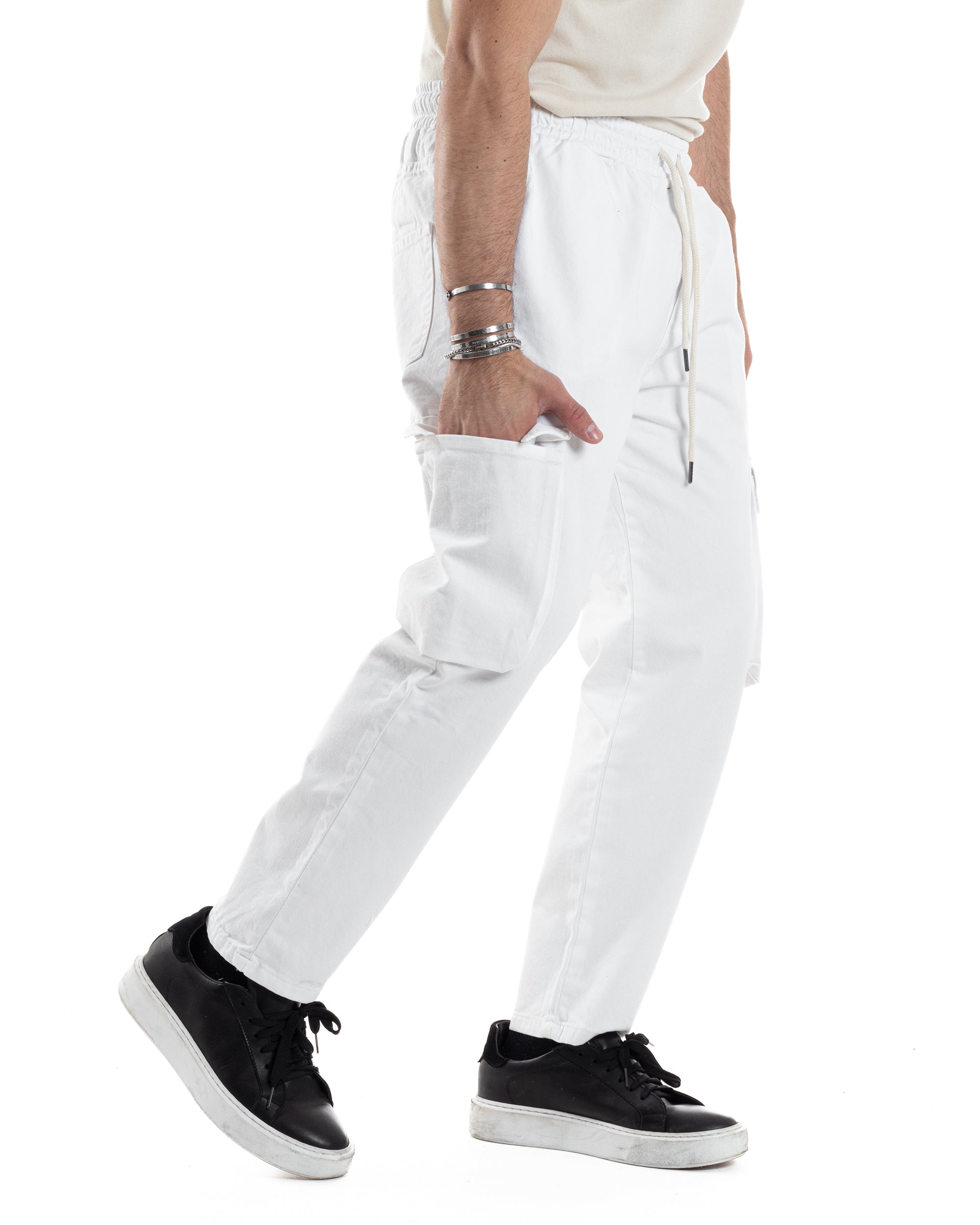 Pantaloni Jeans Uomo Regular Fit Pantalaccio Cargo Jogger Con Tasconi Tinta Unita Bianco GIOSAL-JS1032A