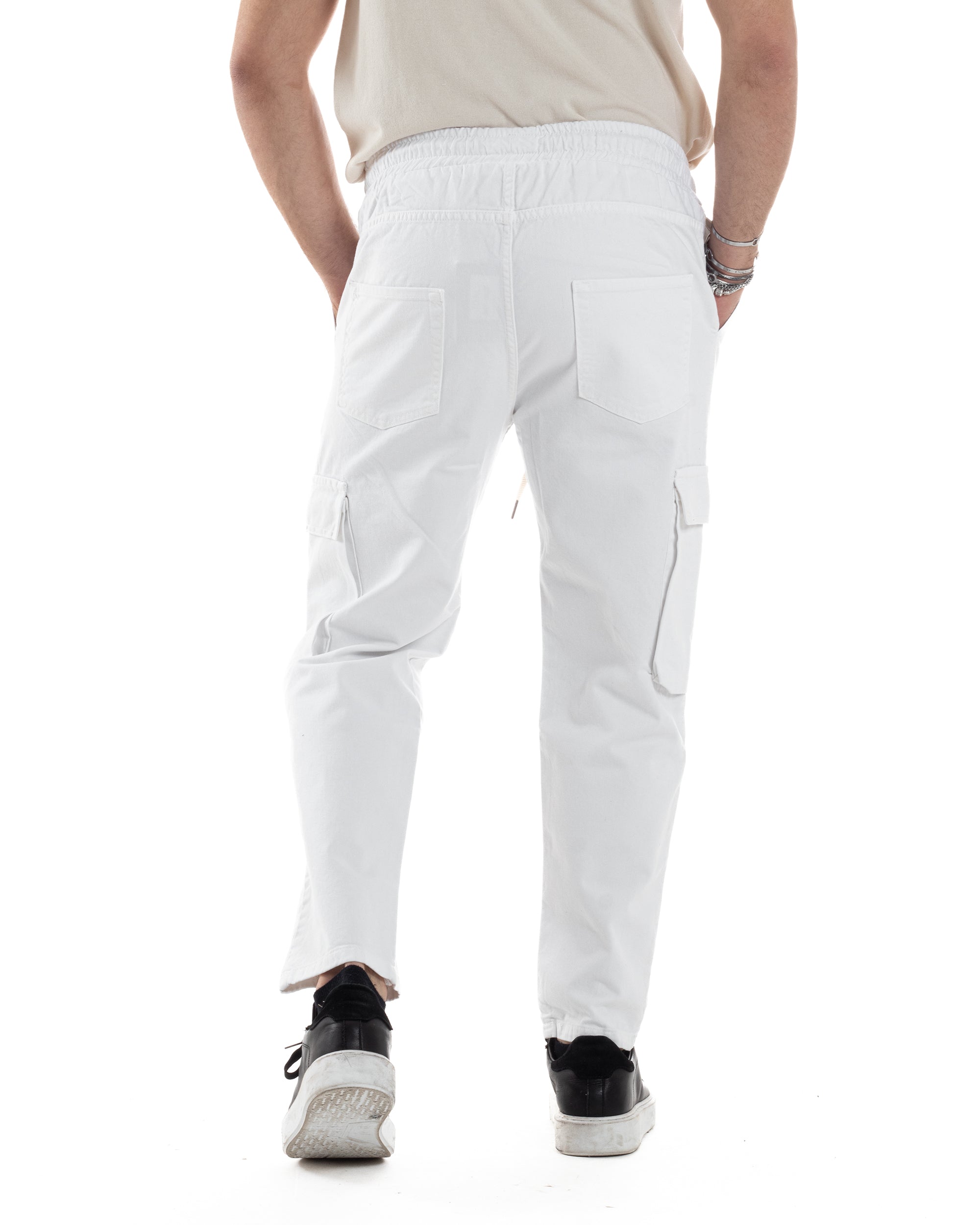 Pantaloni Jeans Uomo Regular Fit Pantalaccio Cargo Jogger Con Tasconi Tinta Unita Bianco GIOSAL-JS1032A