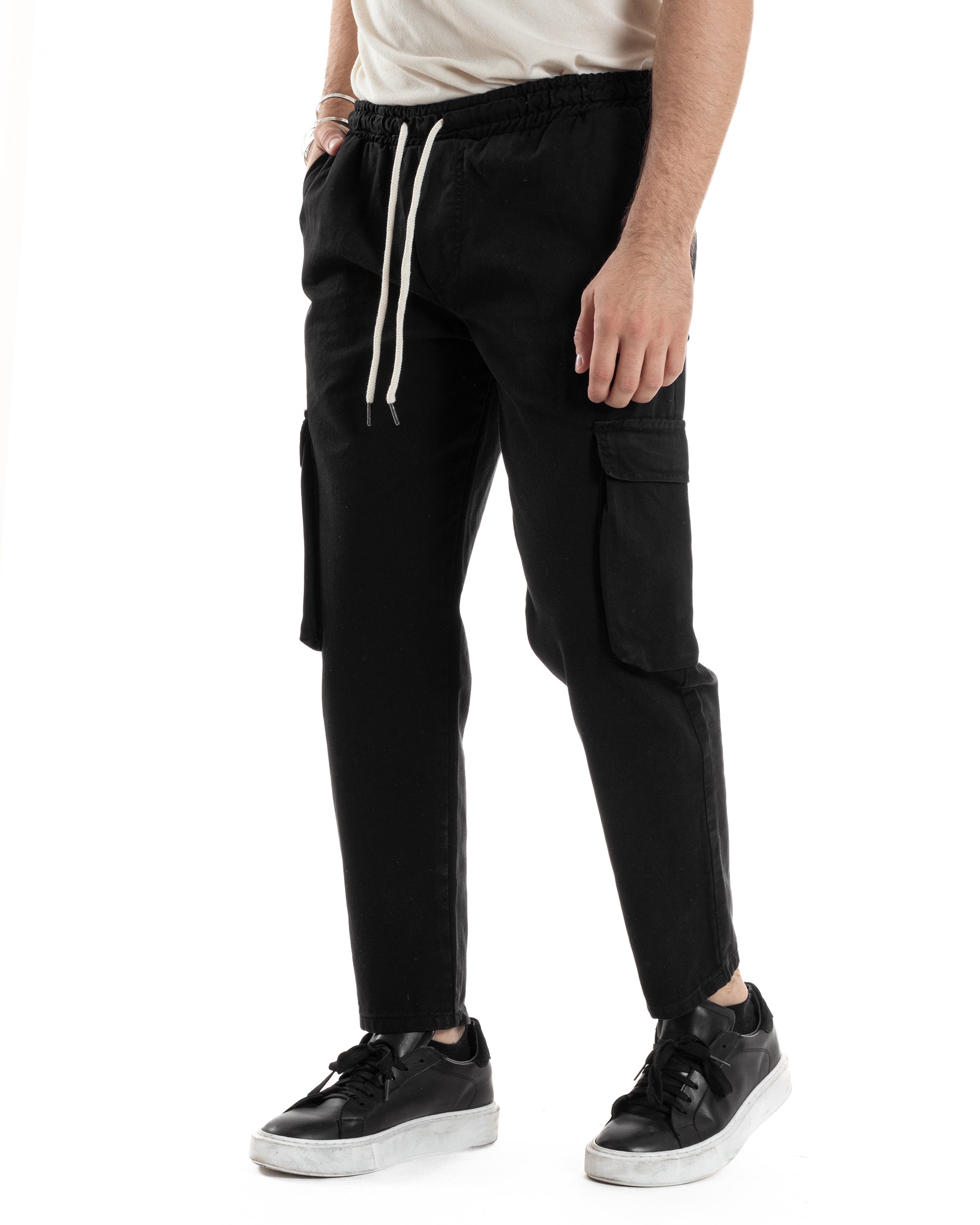 Pantaloni Jeans Uomo Regular Fit Pantalaccio Cargo Jogger Con Tasconi Tinta Unita Nero GIOSAL-JS1033A