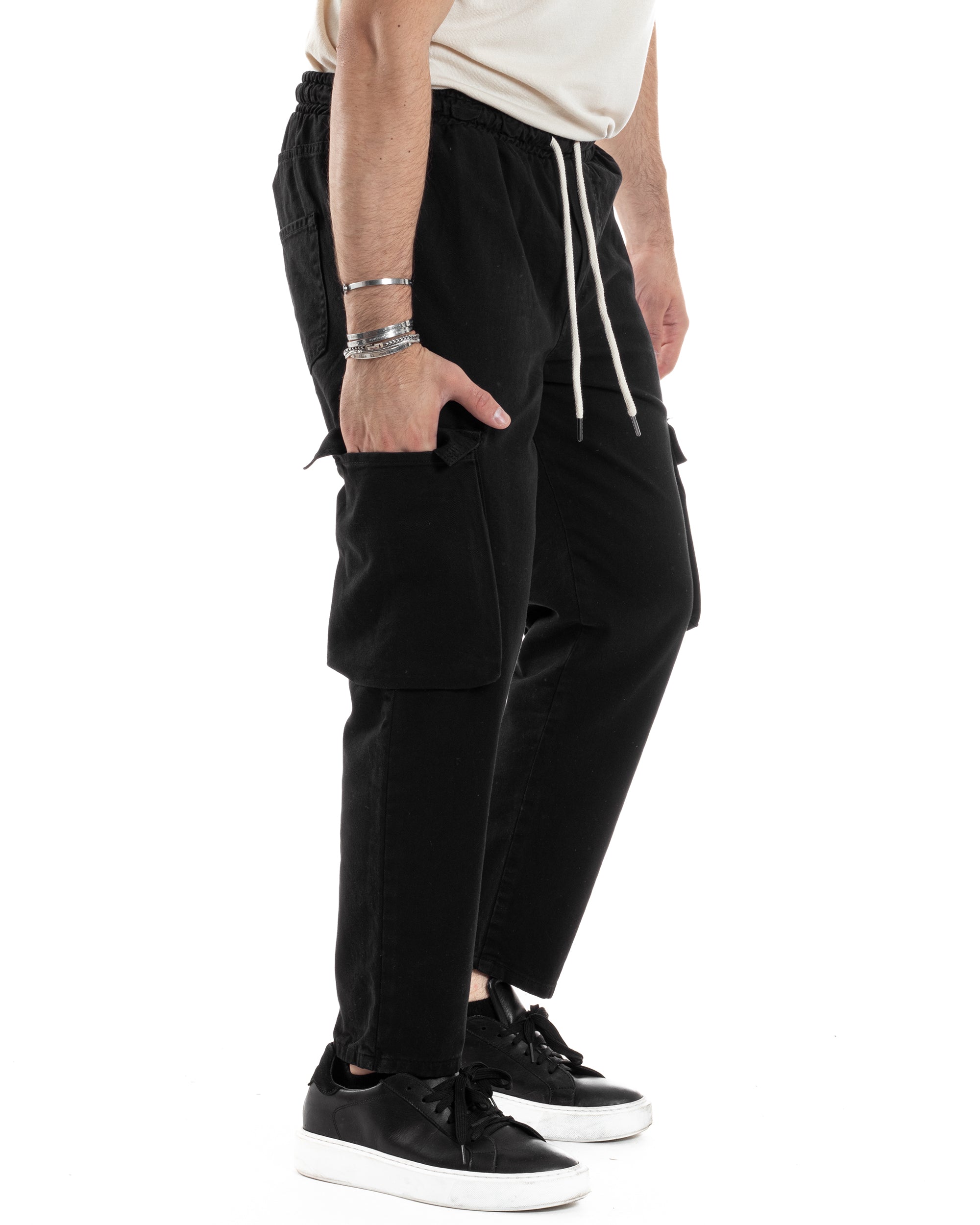 Pantaloni Jeans Uomo Regular Fit Pantalaccio Cargo Jogger Con Tasconi Tinta Unita Nero GIOSAL-JS1033A