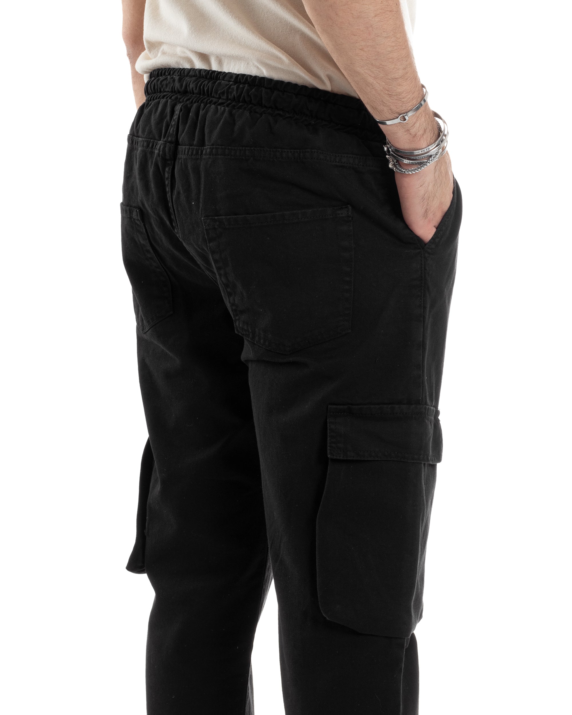 Pantaloni Jeans Uomo Regular Fit Pantalaccio Cargo Jogger Con Tasconi Tinta Unita Nero GIOSAL-JS1033A