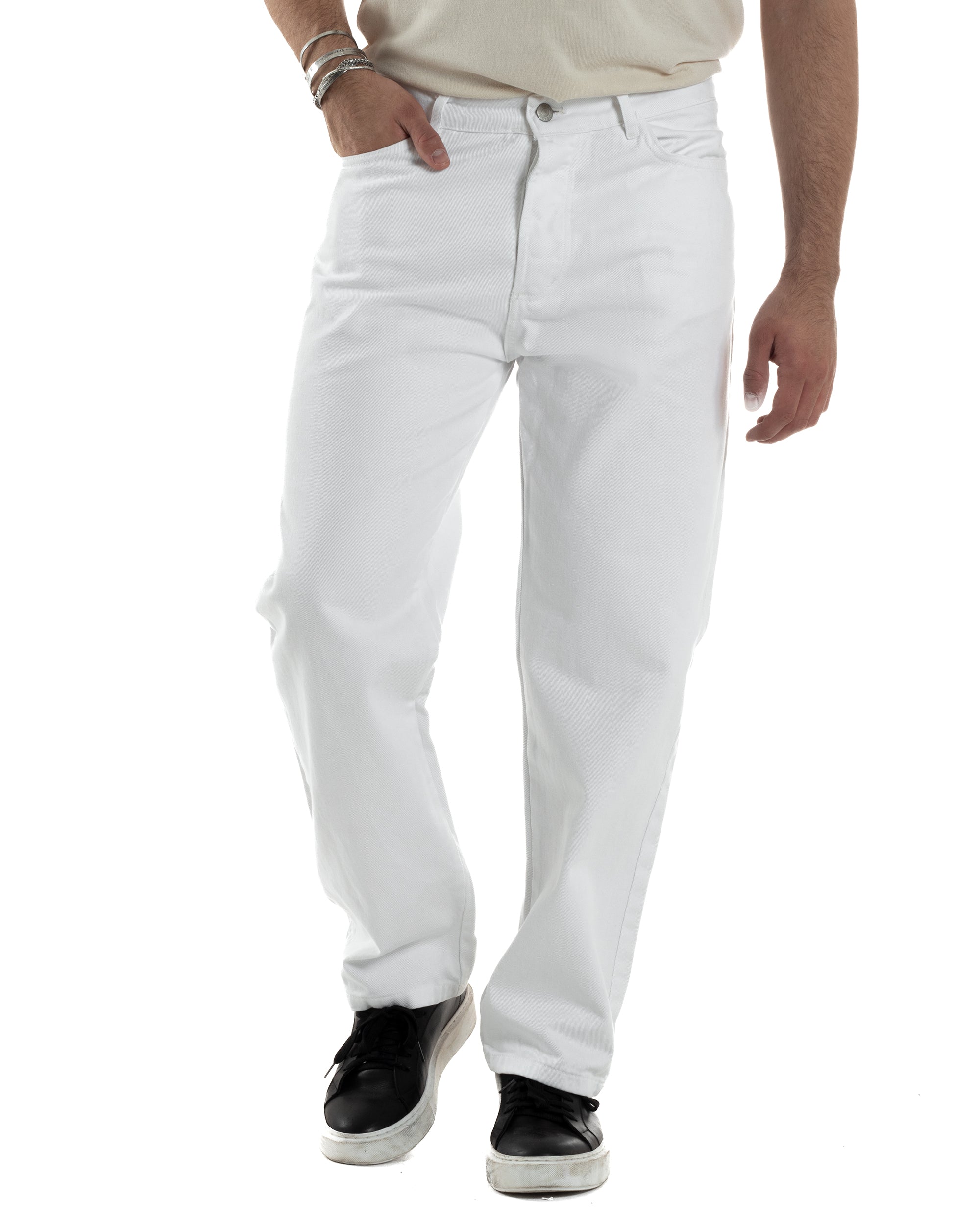 Pantaloni Uomo Jeans Straight Fit Baggy Basic Cinque Tasche Bianco GIO