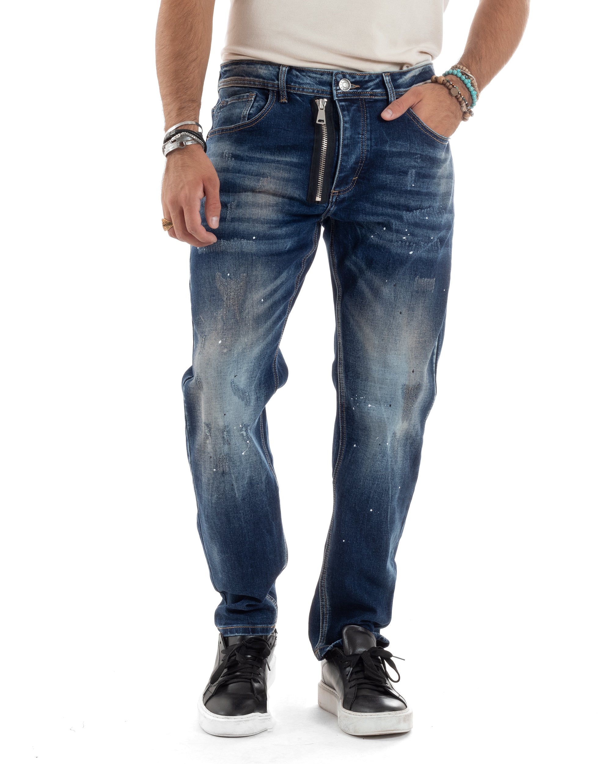 Pantaloni Jeans Uomo Denim Stonewashed Macchie Pittura Con Doppia Zip