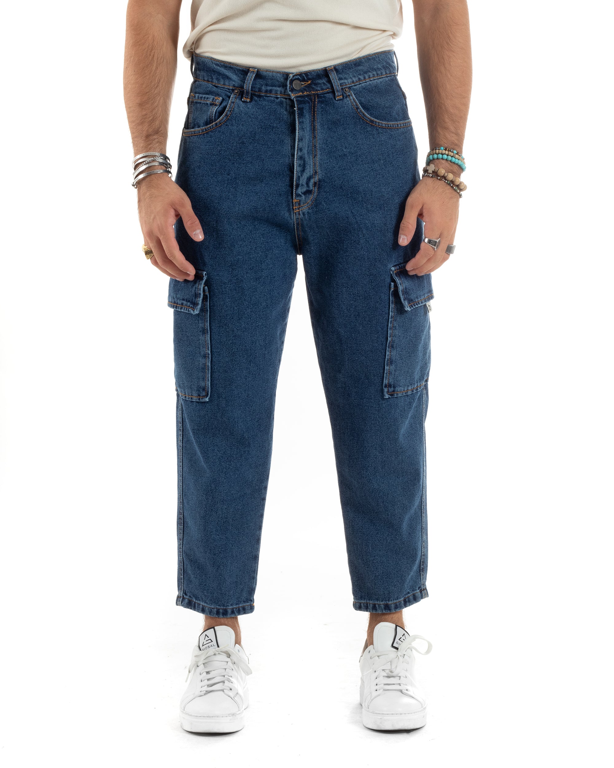 Jeans Uomo Cargo Loose Fit Pantaloni Tasconi Denim Medio BlackSunday-JS1048A