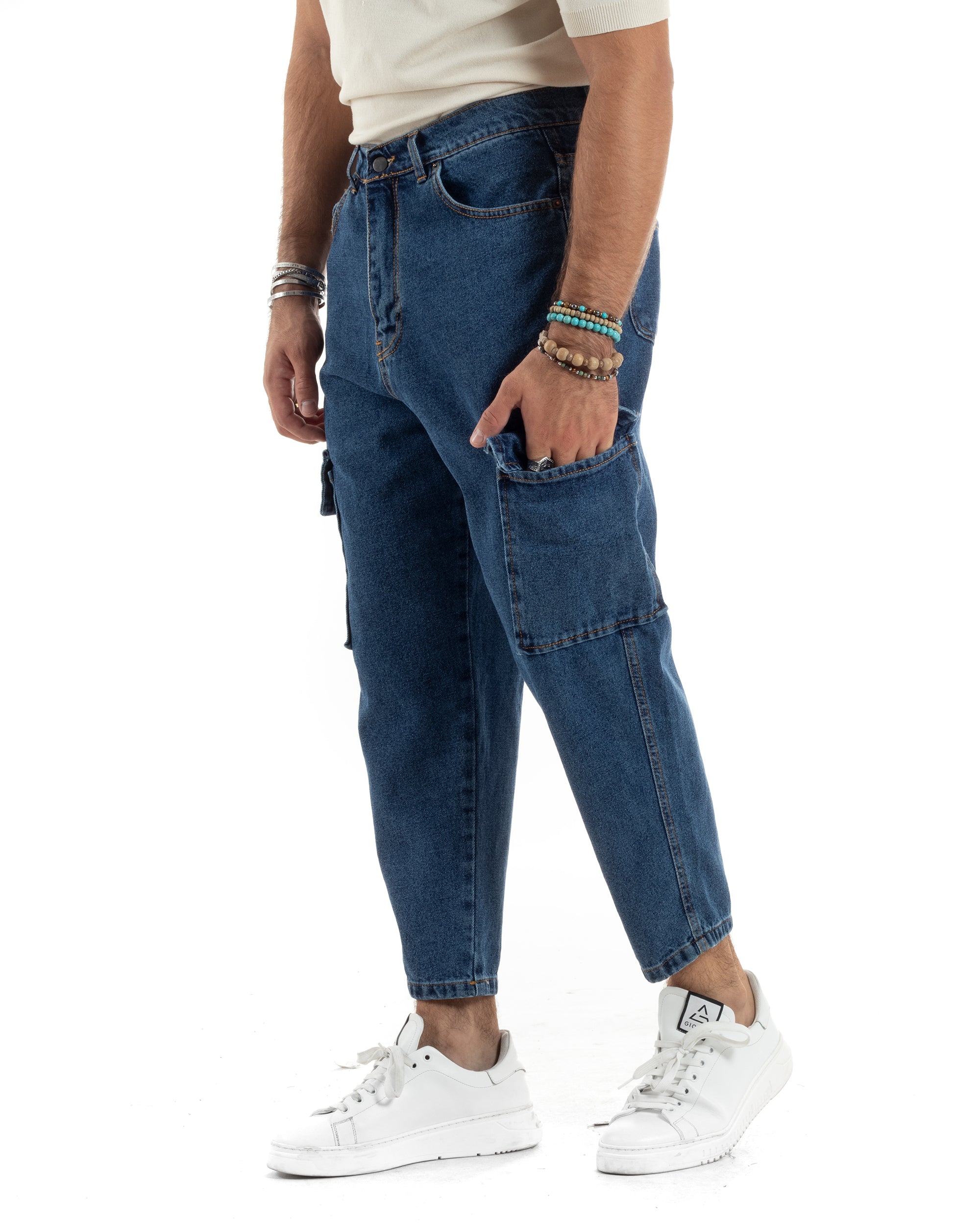 Jeans Uomo Cargo Loose Fit Pantaloni Tasconi Denim Medio BlackSunday-JS1048A