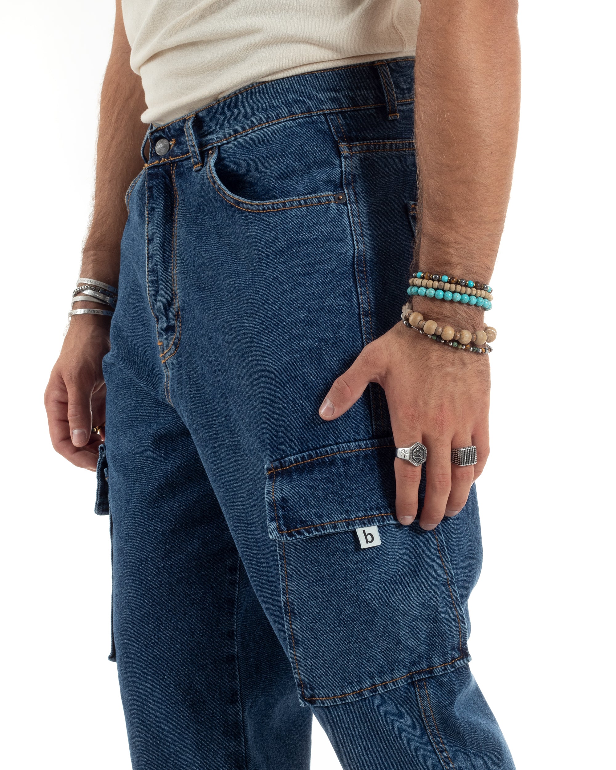 Jeans Uomo Cargo Loose Fit Pantaloni Tasconi Denim Medio BlackSunday-JS1048A