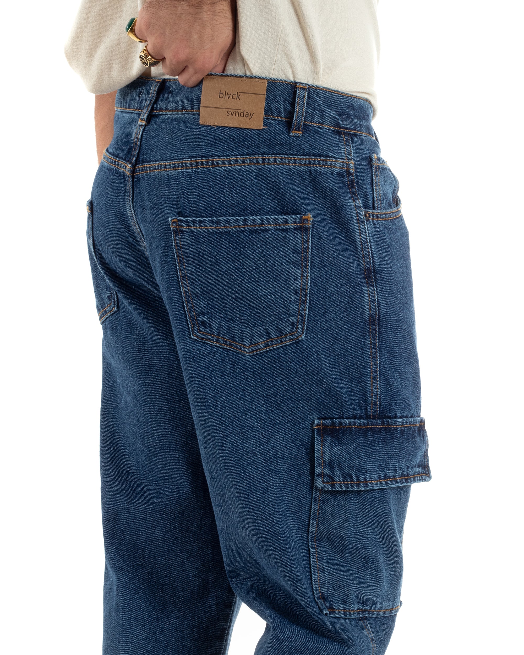 Jeans Uomo Cargo Loose Fit Pantaloni Tasconi Denim Medio BlackSunday-JS1048A