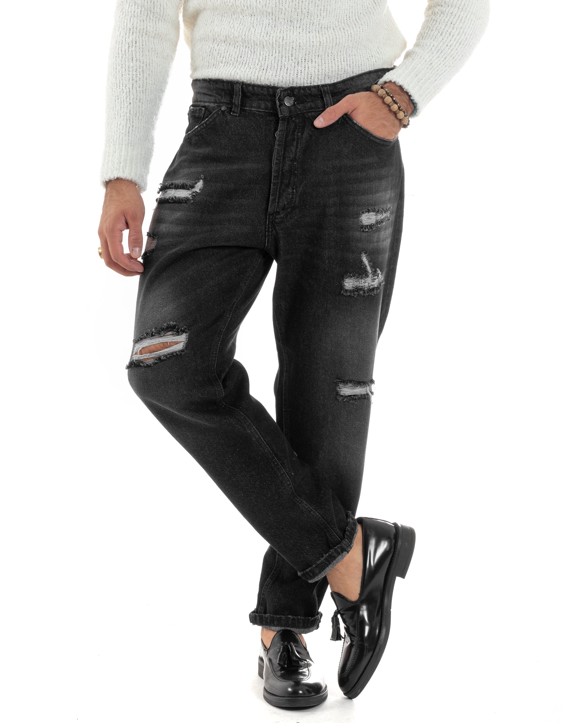 Jeans Uomo Pantaloni Denim Con Rotture Stone Washed Cinque Tasche Cotone Straight Fit Comodo Casual Nero GIOSAL-JS1050A