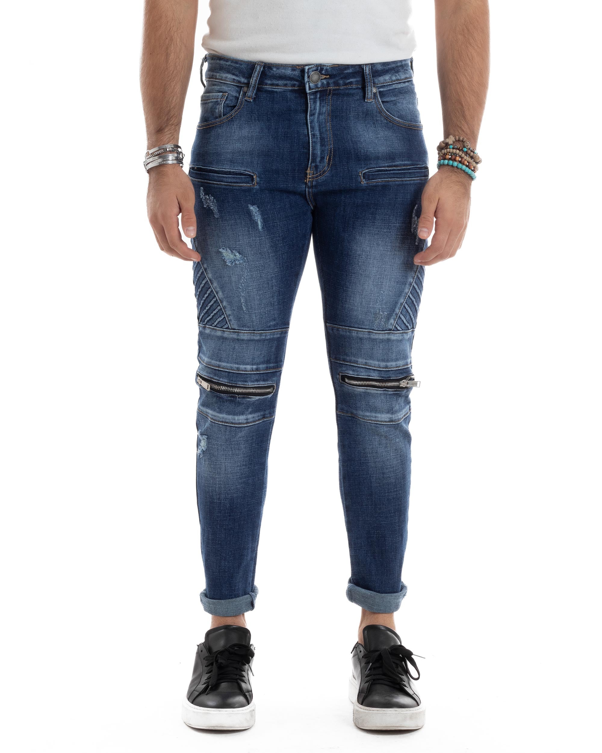 Jeans Uomo Biker Pantaloni Con Zip Stone Washed Classico Cinque Tasche Casual Blue Denim GIOSAL-JS1056A