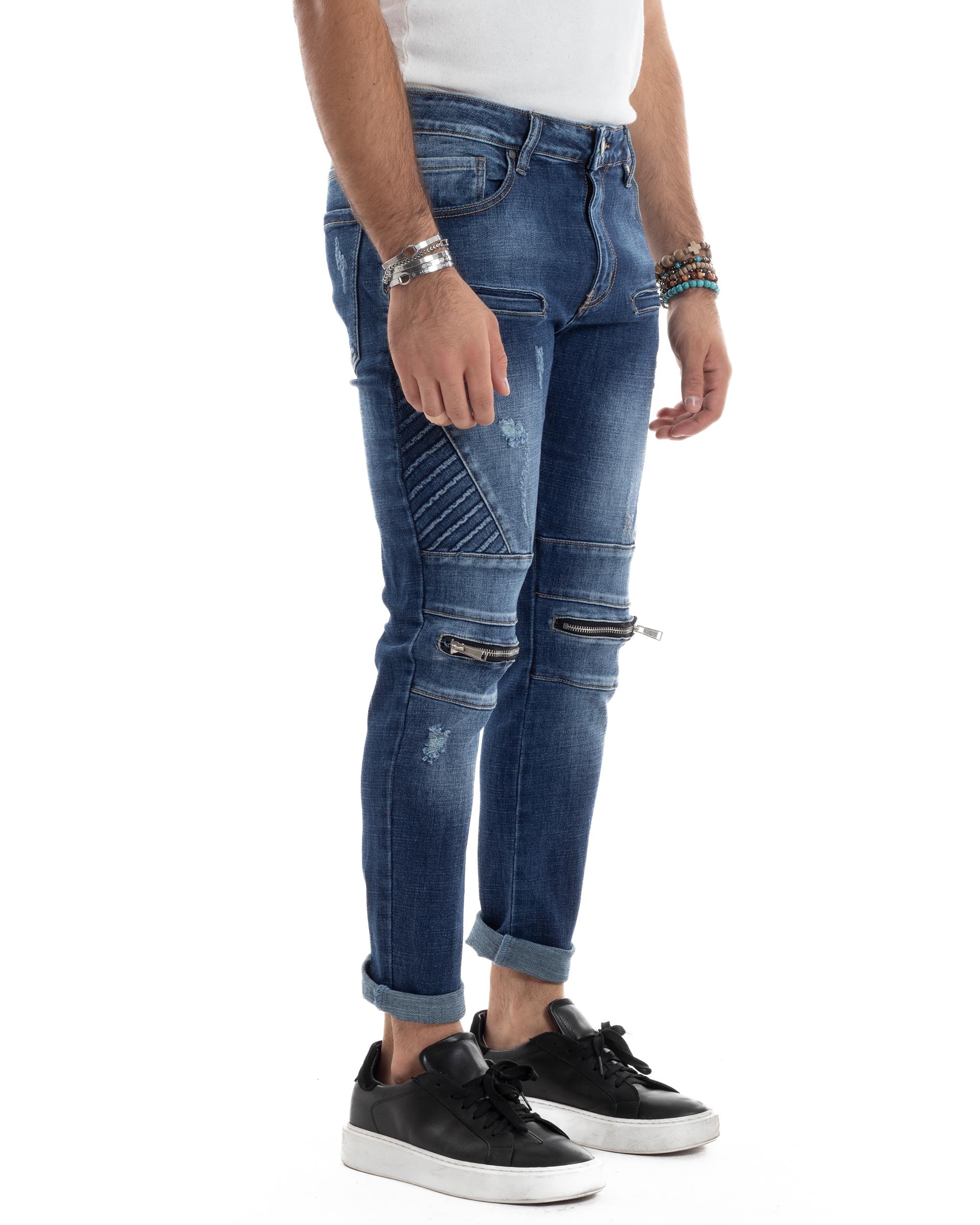 Jeans Uomo Biker Pantaloni Con Zip Stone Washed Classico Cinque Tasche Casual Blue Denim GIOSAL-JS1056A