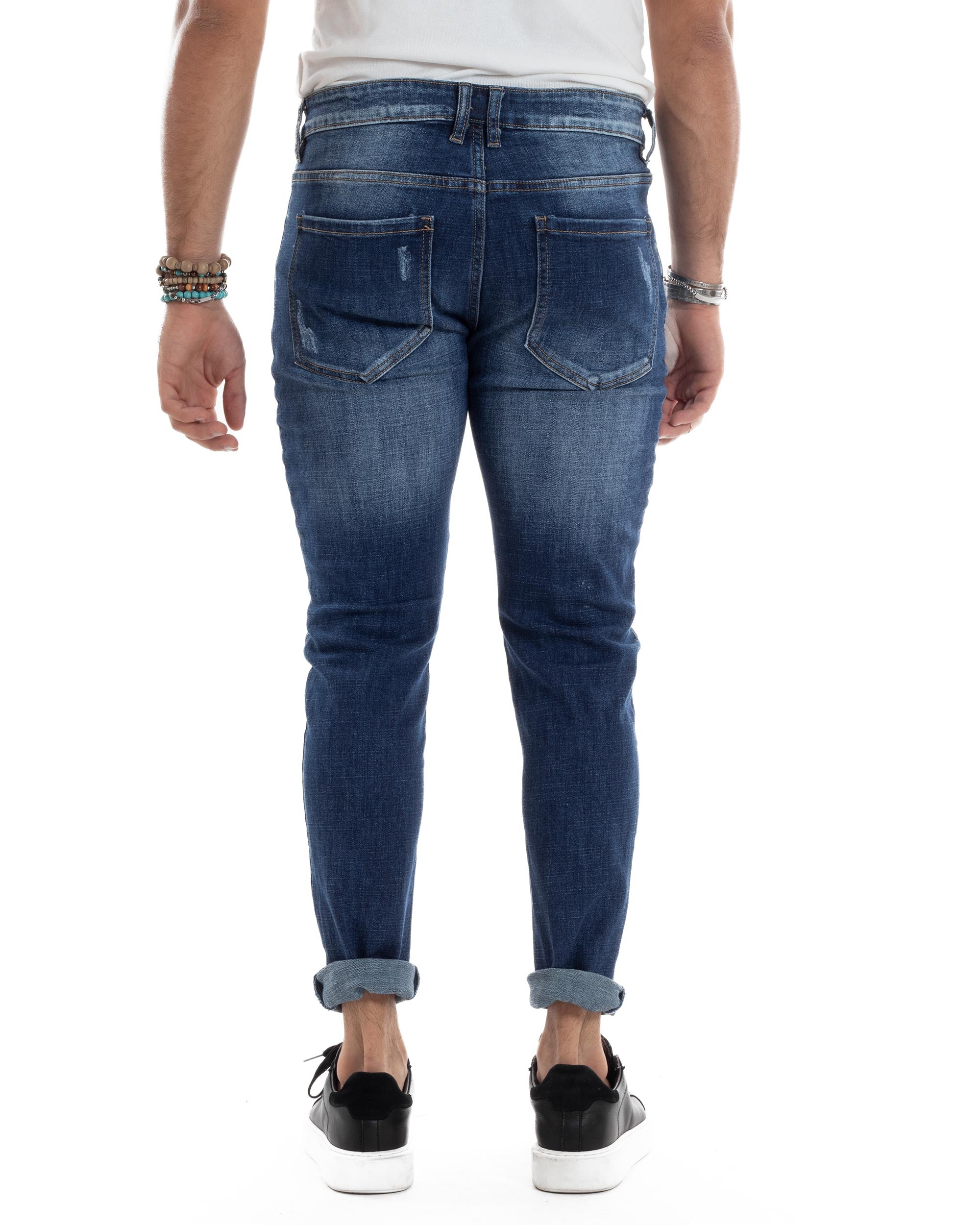 Jeans Uomo Biker Pantaloni Con Zip Stone Washed Classico Cinque Tasche Casual Blue Denim GIOSAL-JS1056A
