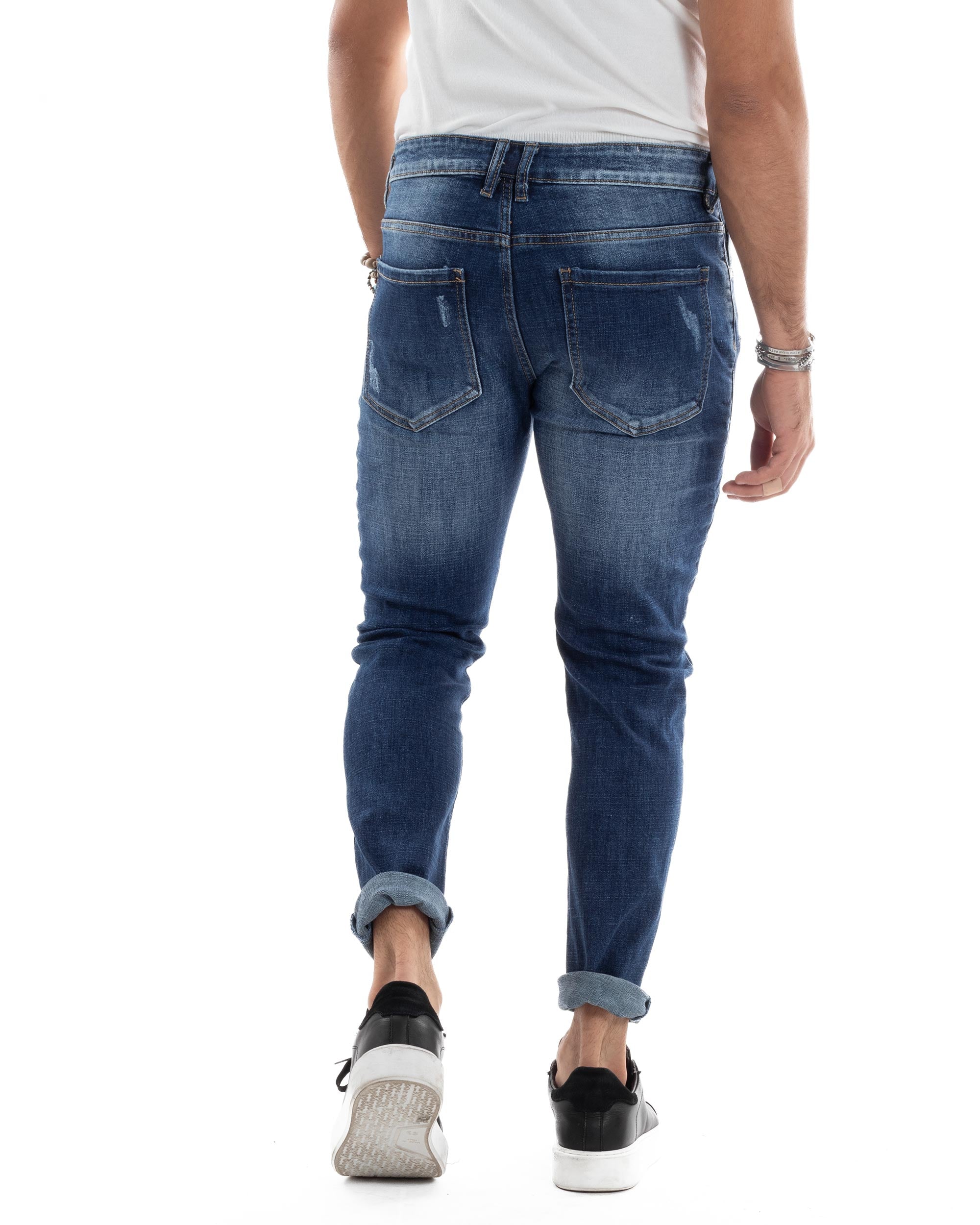 Jeans Uomo Biker Pantaloni Con Zip Stone Washed Classico Cinque Tasche Casual Blue Denim GIOSAL-JS1056A