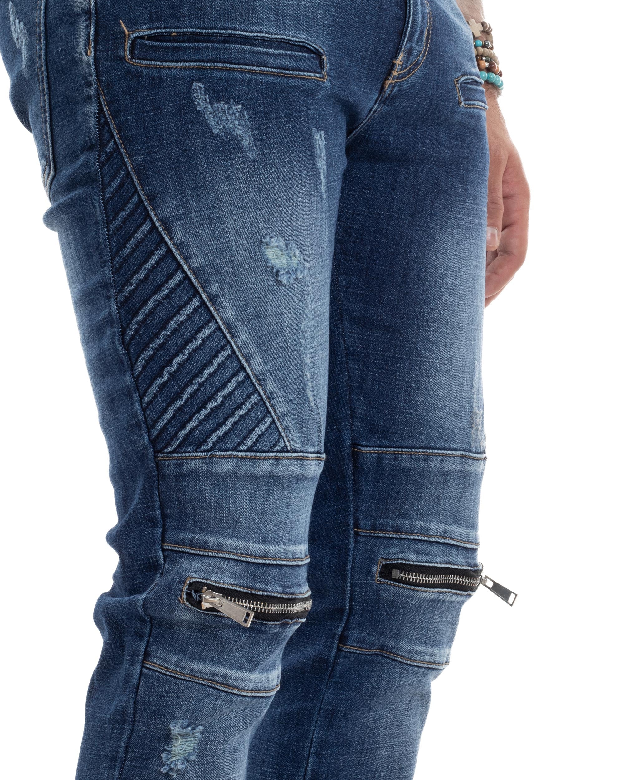 Jeans Uomo Biker Pantaloni Con Zip Stone Washed Classico Cinque Tasche Casual Blue Denim GIOSAL-JS1056A