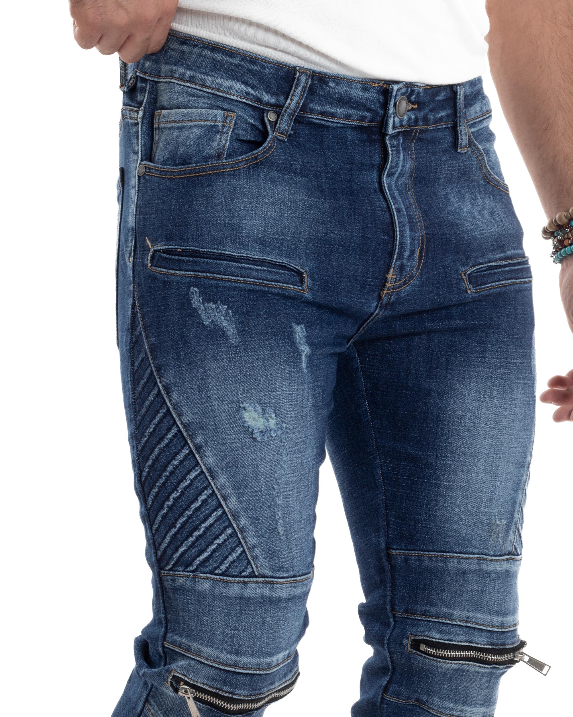 Jeans Uomo Biker Pantaloni Con Zip Stone Washed Classico Cinque Tasche Casual Blue Denim GIOSAL-JS1056A