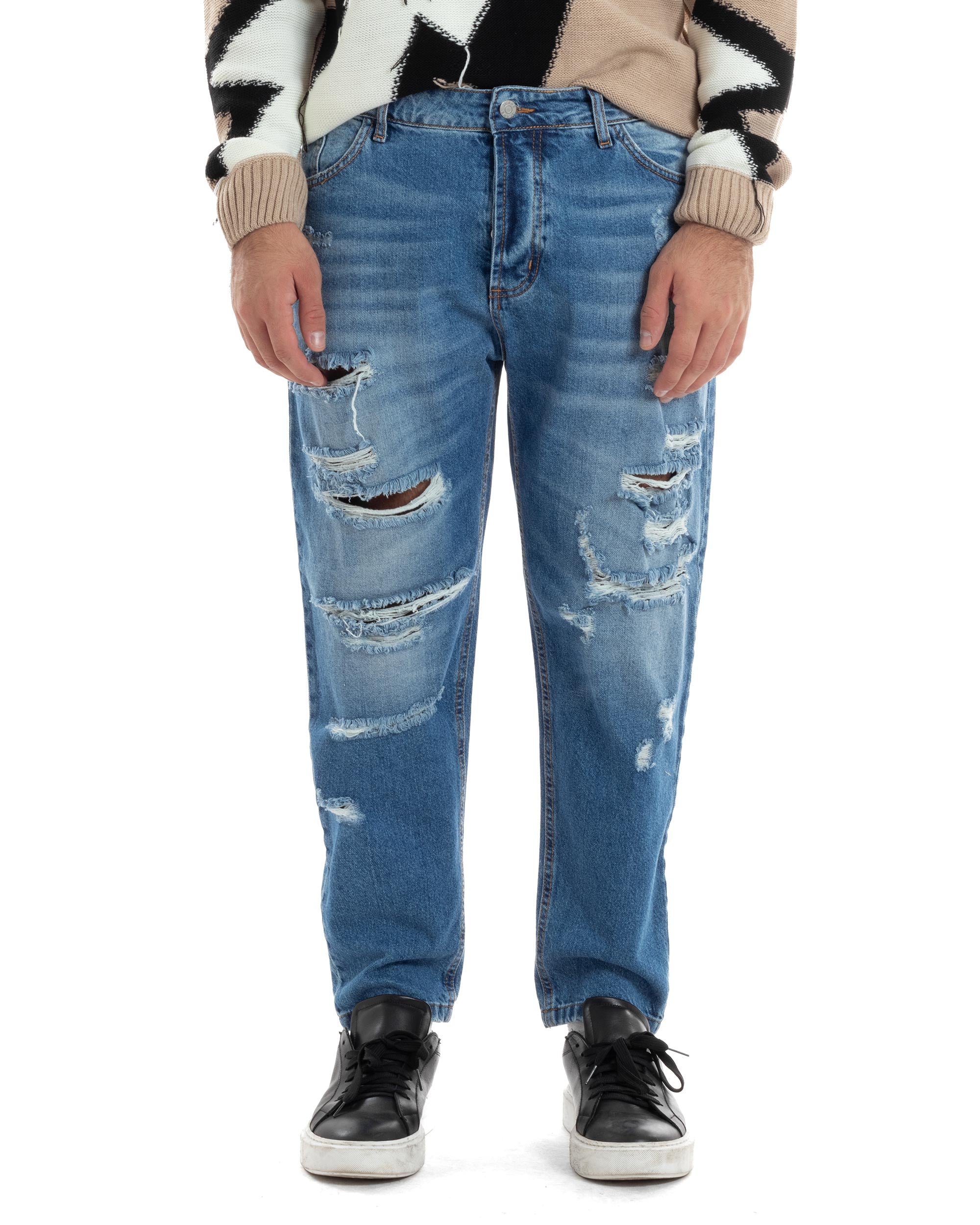 Jeans Uomo Con Rotture Stone Washed Pantaloni Cinque Tasche Cotone Casual Lavaggio Medio Denim GIOSAL-JS1058A